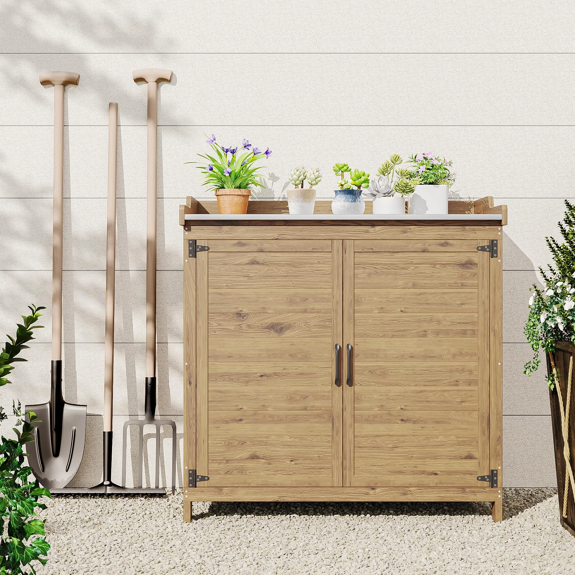 Bealife Tavolo per Piante con Mobile Base in Legno Armadietto da Esterno Naturale 98x48x95 cm