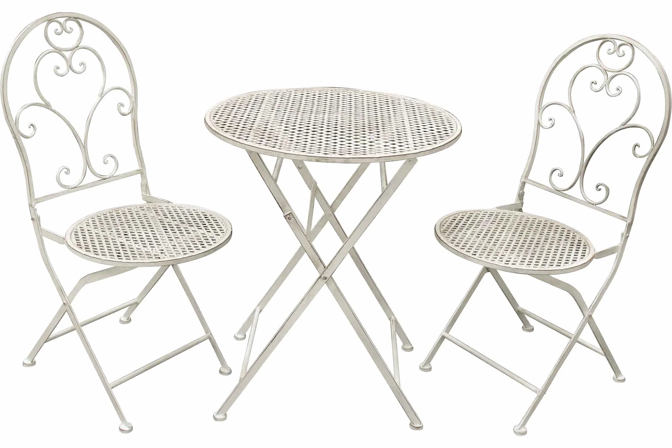 AVANTI TRENDSTORE - Bistro - Set arredo esterno in ferro per due persone, composto da un tavolino con piano rotondo e due sedie, pieghevole. Disponibile in due colorazioni. (bianco antico)