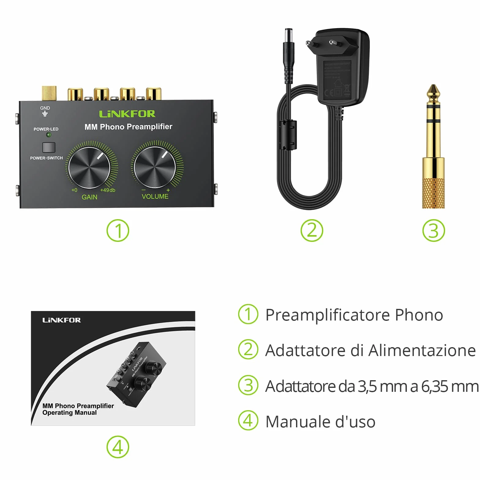 LiNKFOR Preamplificatore Giradischi Phono RCA 6.35mm DC 12V