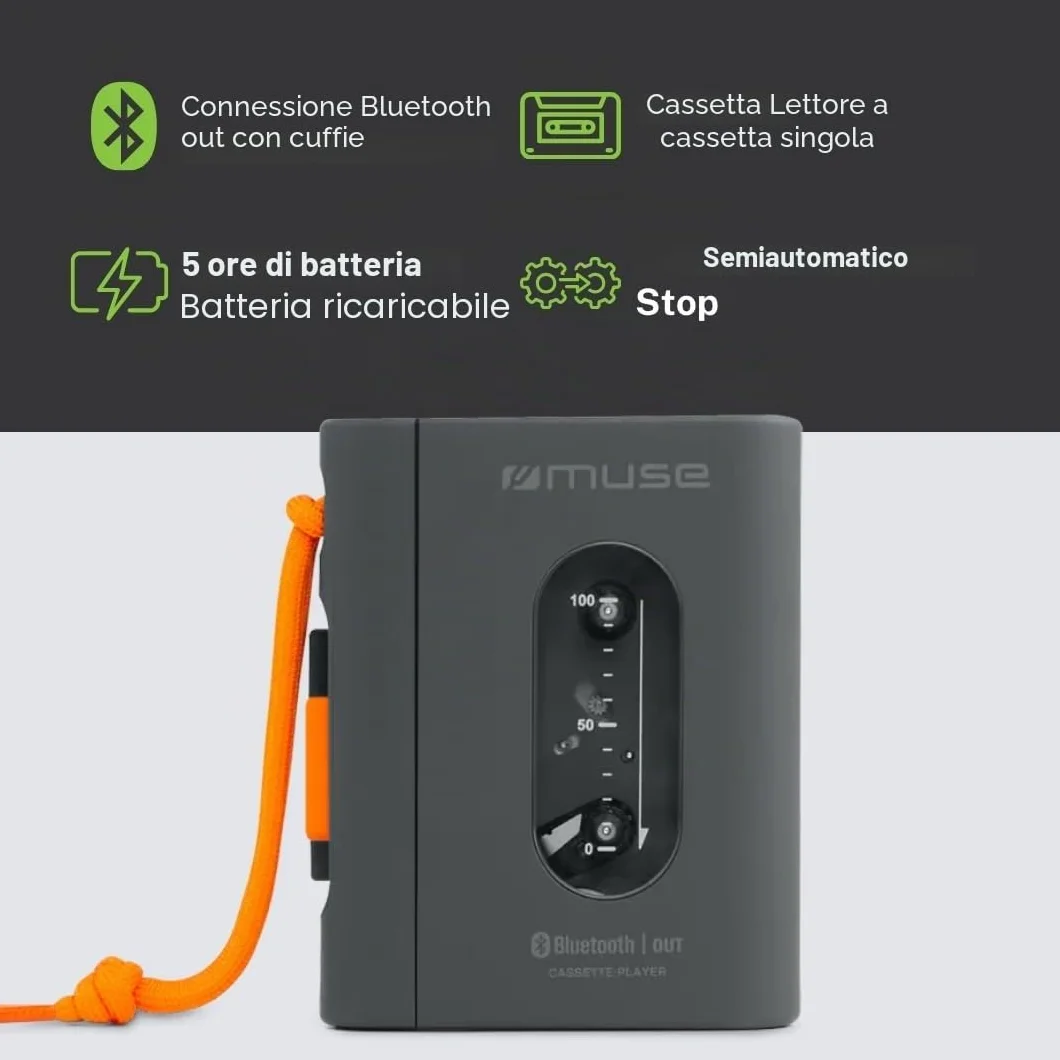 MUSE Lettore cassette portatile con jack per cuffie, ricarica USB-C, nero