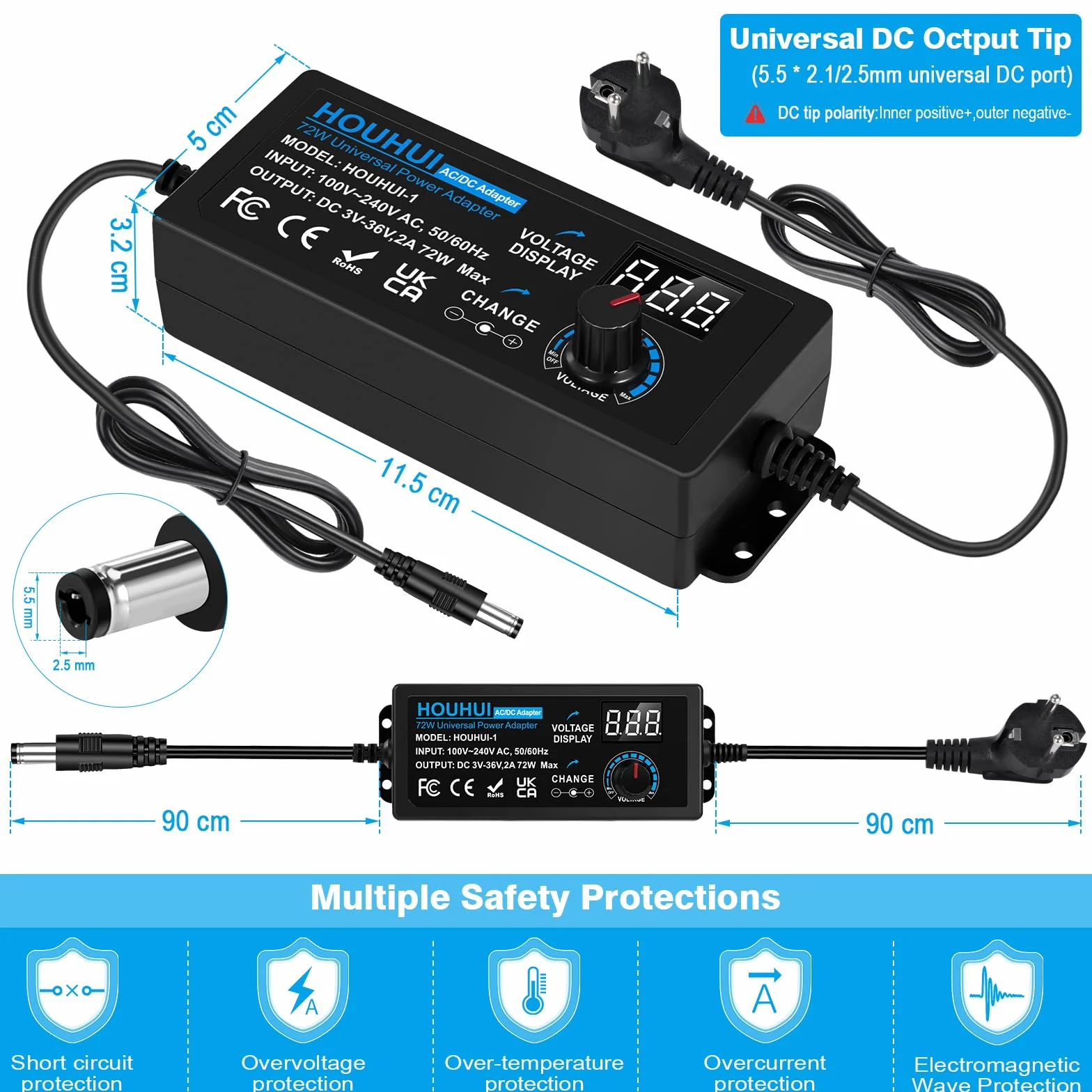 Uniwersalny regulowany zasilacz 3V-36V 2A 72W 100V-240V AC DC LED 5,5x2,5mm 16 końcówek
