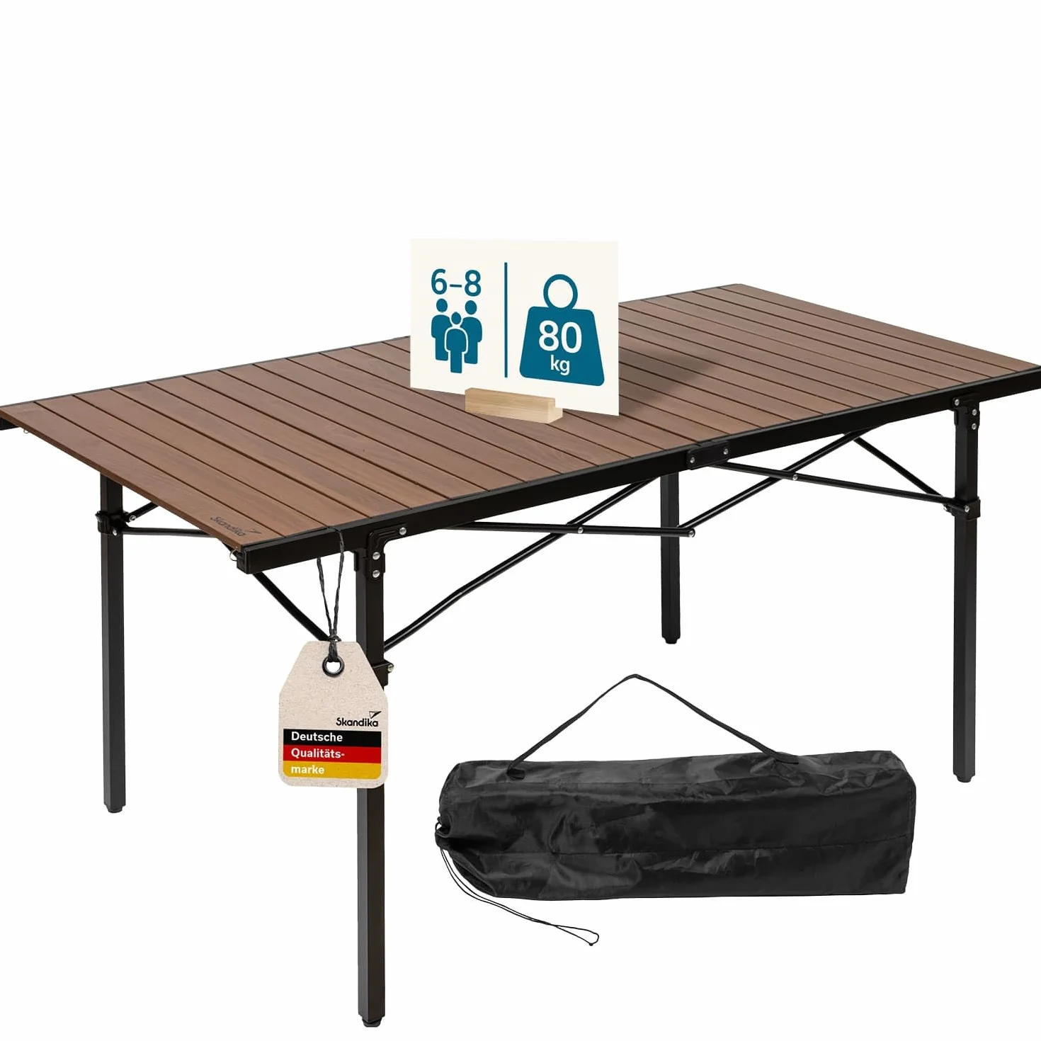 Skandika Maikku - Tavolo da campeggio pieghevole in alluminio, 140 x 70 x 70 cm, effetto legno, per 6 persone, fino a 80 kg, impermeabile, pieghevole, leggero, tavolo pieghevole per campeggio