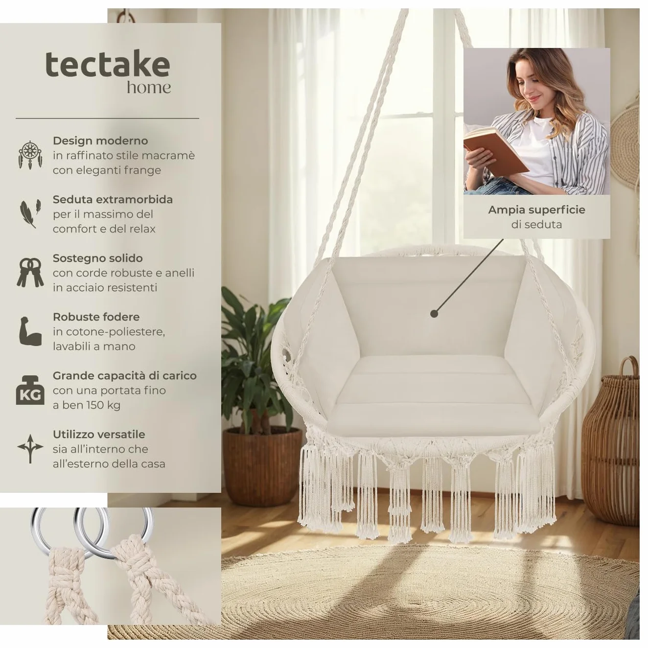 tectake® Poltrona Sospesa, Interno & Esterno, Diametro Seduta 60 cm, Robusta, Grande e Morbidissimo Cuscino, Sedia a Dondolo, Sedia Sospesa da Interno e Terrazzo - Beige