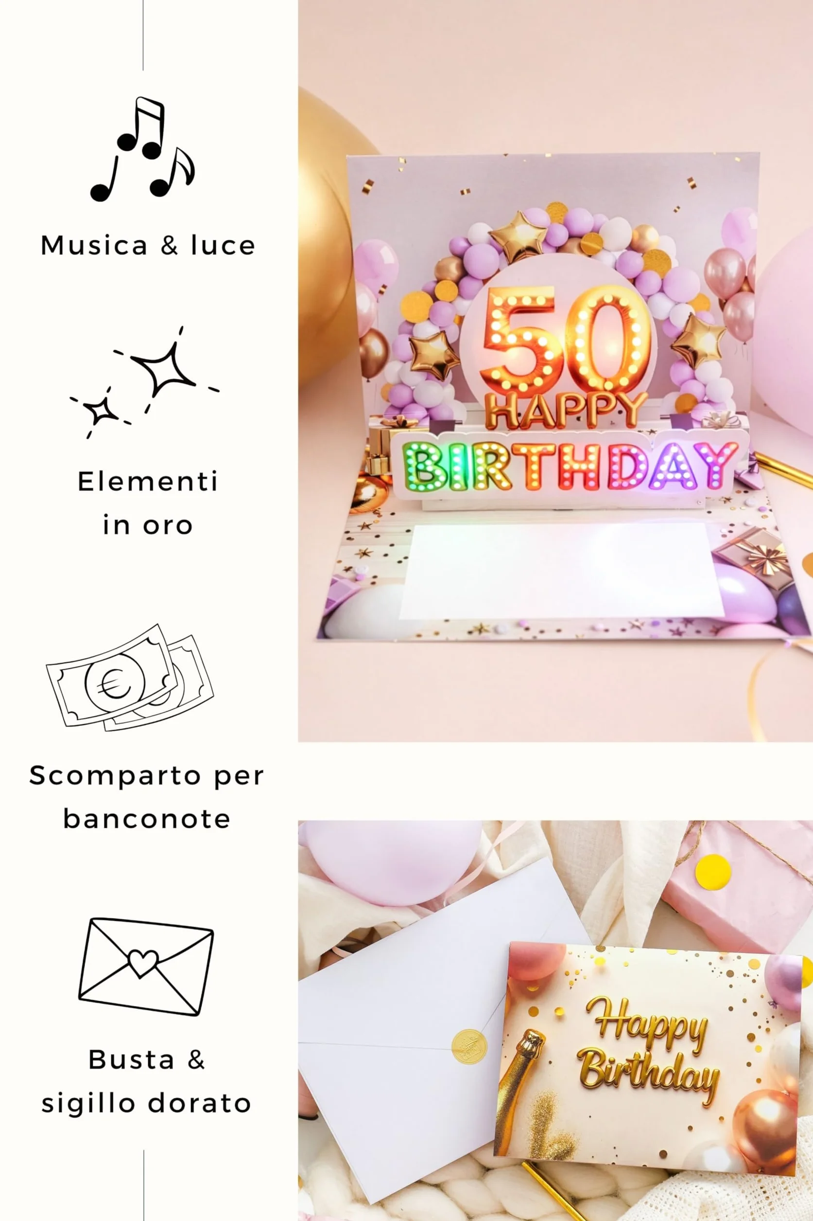 Joli Coon Biglietto auguri 50 anni donna pop up 3D con musica e luce, busta e adesivo sigillo 20×15 cm