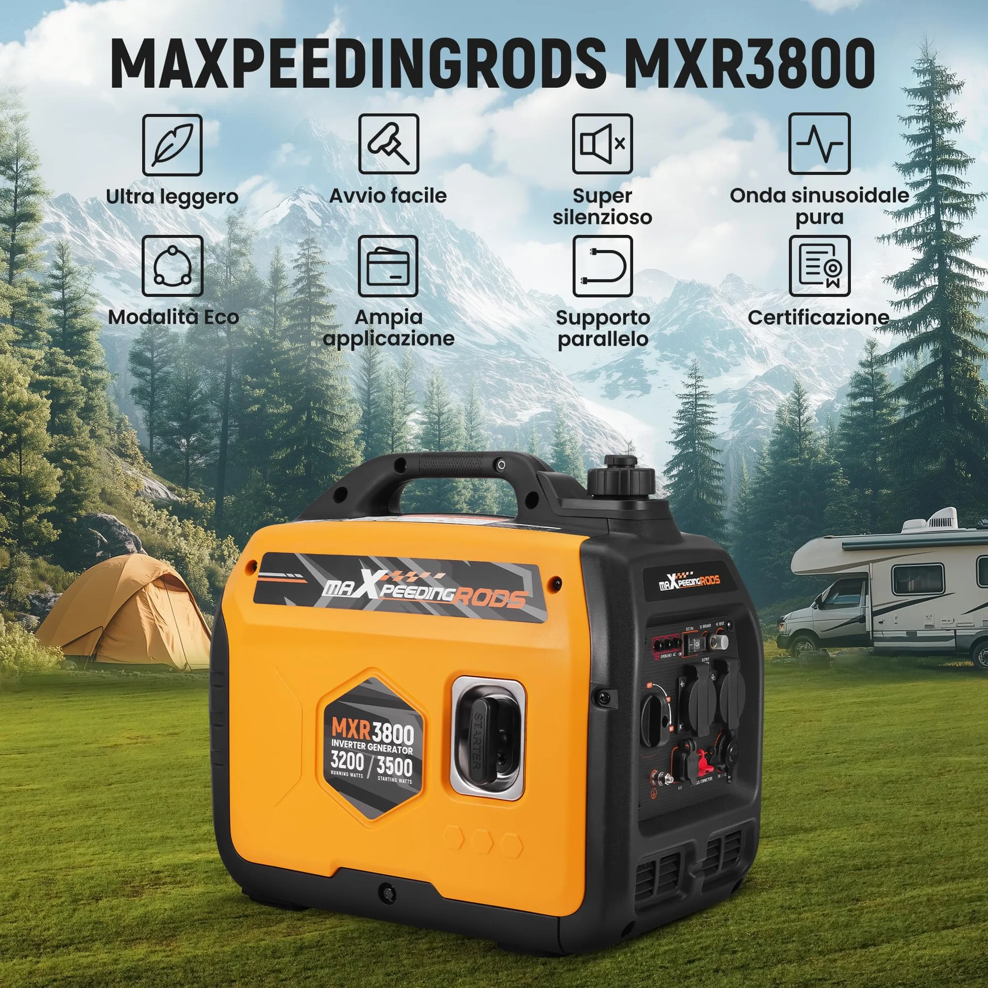 maXpeedingrods Generatore di Corrente 3500W, Portatile Generatore Inverter a Benzina 4 Tempi con 2 prese da 230 V / 2 USB / 1 presa da 12 V CC, Modalità ECO Per RV, Camper e Emergenze