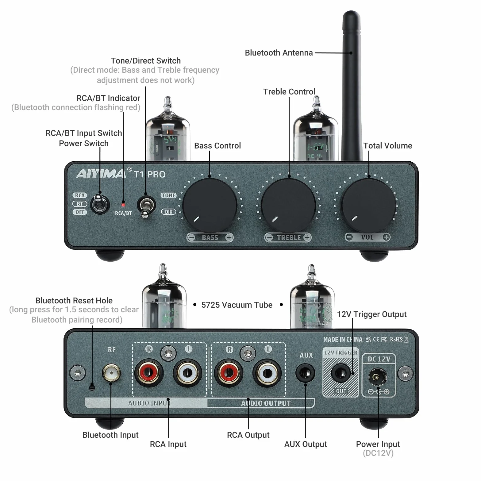 AIYIMA T1PRO Preamplificatore Tubo Audio Domestico Bluetooth 5.1 QCC3040 APTX-HD Regolatori Bassi Uscita Trigger