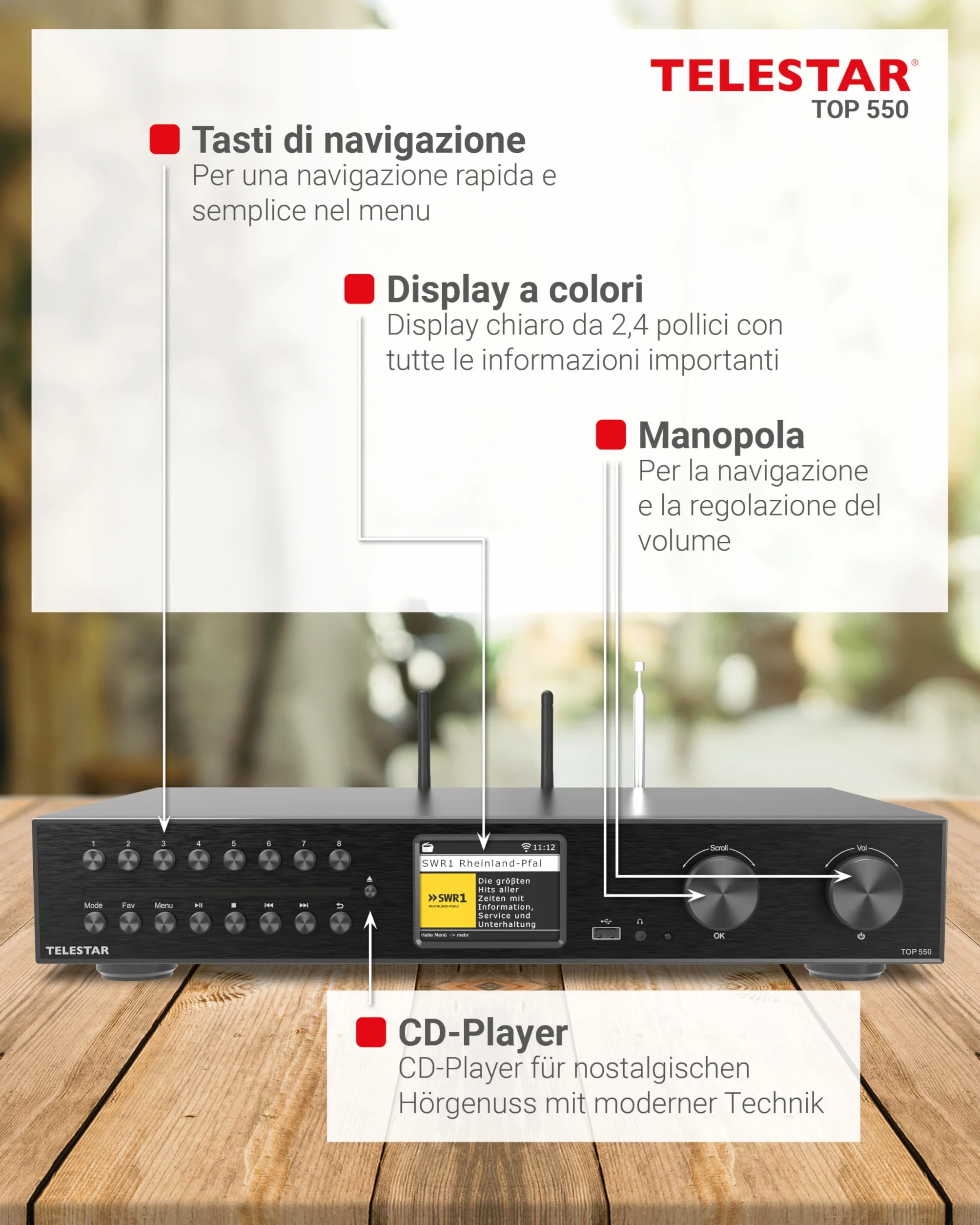 TELESTAR TOP 550 Sistema Hi-Fi con amplificatore e lettore CD 43 cm 2×30 W Radio Internet DAB+ Bluetooth Nero