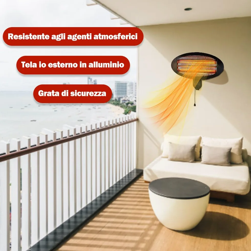 Stufa a Parete da Esterno e Interno 2000W con 3 Elementi Riscaldanti Basso Consumo Energetico per Patio Gazebo Bar Ristoranti Lampada Infrarossi Quarzo