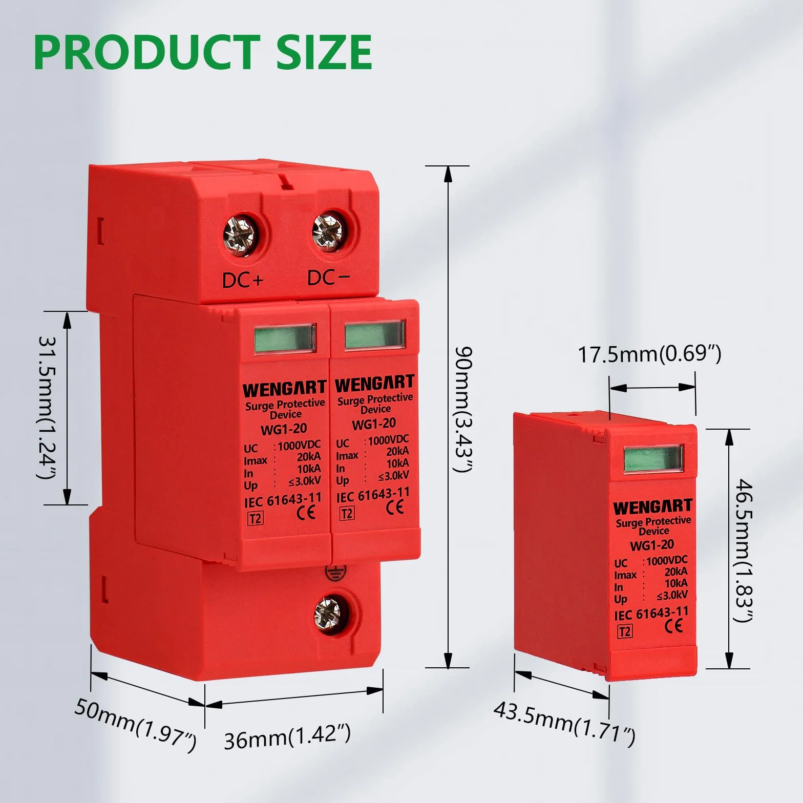 Wengart Scaricatore di Sovratensione DC 1000V 2P SPD 10-20kA Protezione Fulmini Fotovoltaico Guida DIN 35mm