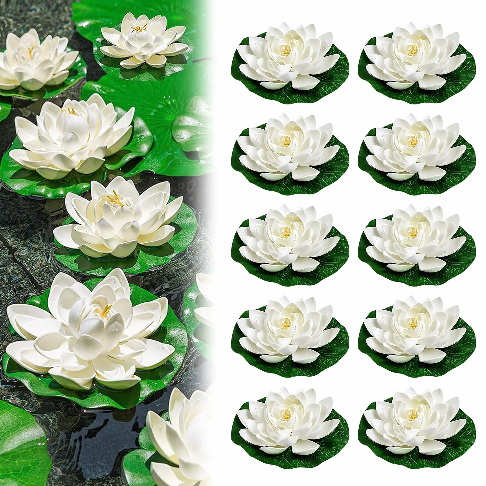 Fiori galleggianti, 10 pezzi, ninfea artificiale, fiori di loto, decorazione per laghetti (bianco)