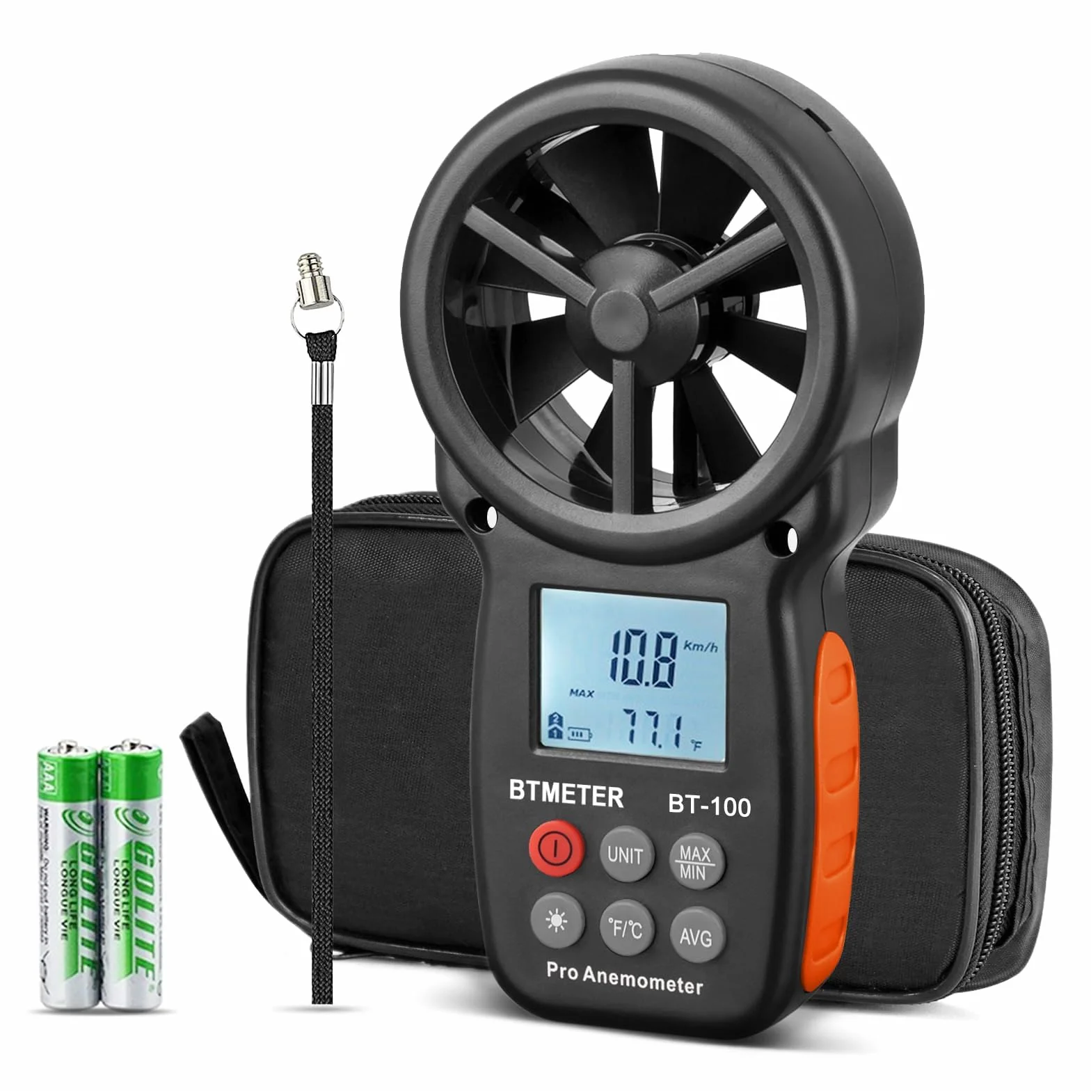 BTMETER BT-100 Anemometro, Anemometro Portatile, Misuratore di Velocità del Vento, Misura la Temperatura, Max/Min, LCD Retroilluminato per Windsurf, Kitesurf, Vela, Surf, Pesca