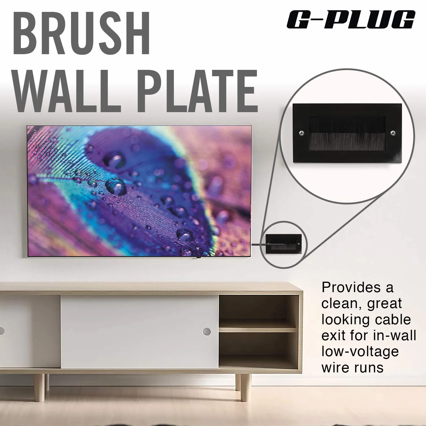 G-PLUG Piastra da parete UK nera Decora con inserto passacavo e cinghia a doppia banda