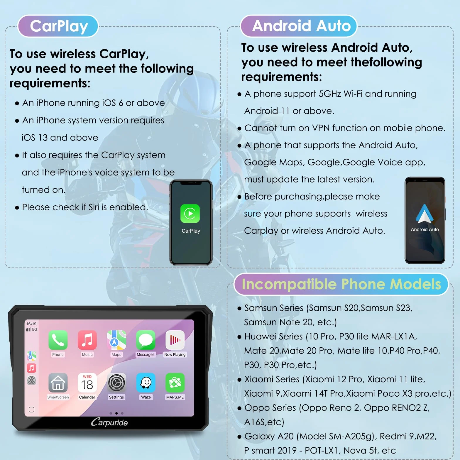 CARPURIDE W702S Moto Carplay Schermo 7" Impermeabile Touchscreen Senza Fili CarPlay Android Auto Bluetooth