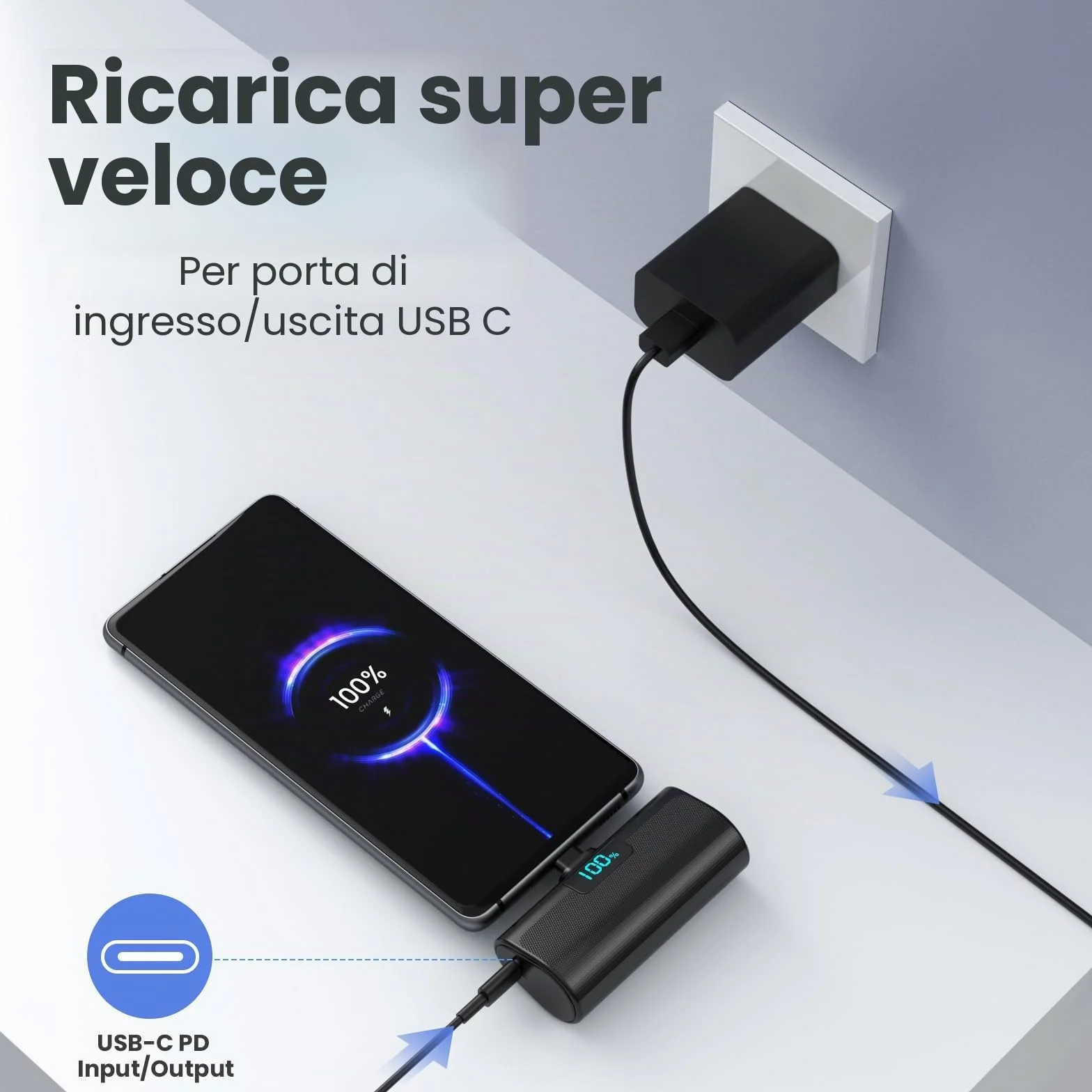 Power Bank 5200mAh USB C PD Caricatore Portatile per iPhone 17/16/15 Android Samsung Galaxy Note Huawei iPad Pro Nero
