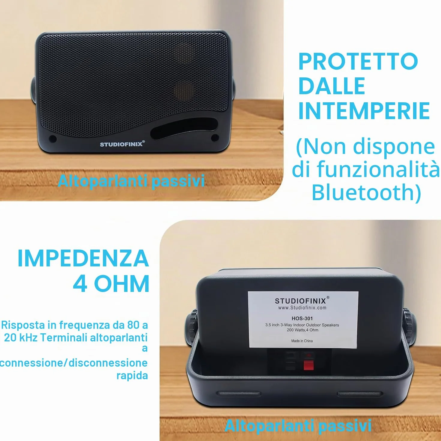STUDIOFINIX Altoparlanti impermeabili per esterni 3,5 pollici 3 Way 200W Marine Wall Mount Speakers ABS Grill Black