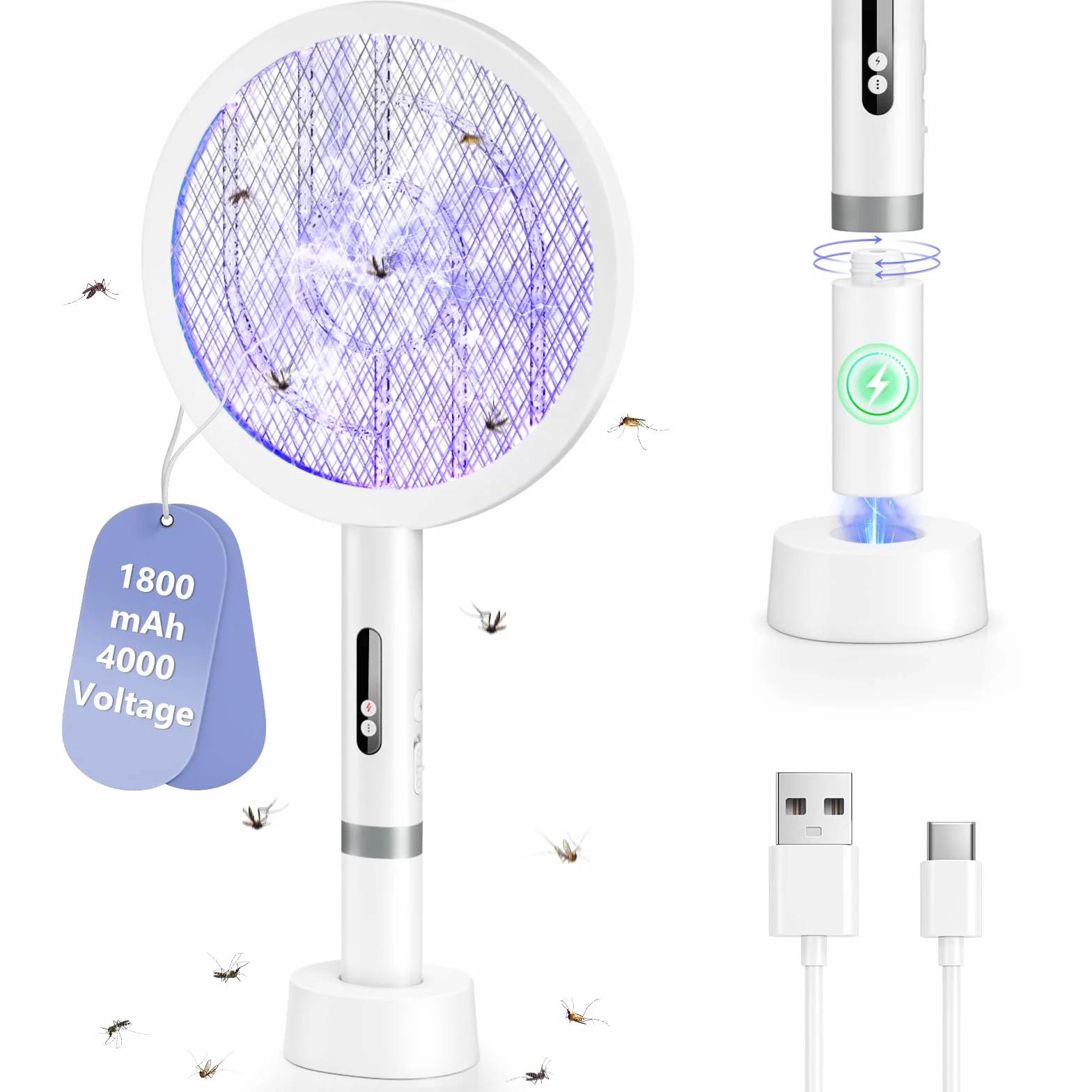 2in1 Racchetta Zanzare Elettrica,4000V Racchetta Mosche Elettrica,1800mAh Racchetta Antizanzare,Base di Ricarica USB,Protezione Maglia a 3 Strati,Racchetta Elettrica per Casa Interni e Esterni