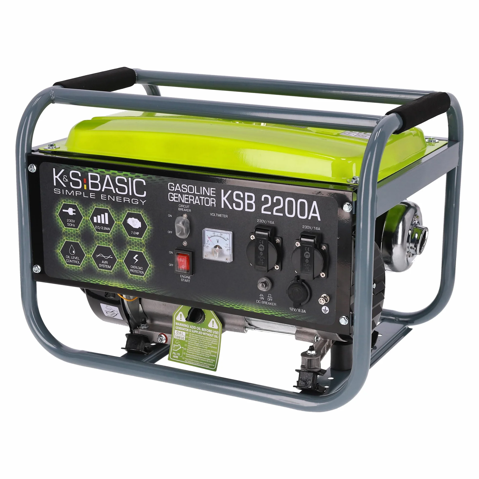 KSB 2200А - Generatore di corrente, motore a benzina a 4 tempi, 5,5 CV, in alluminio, con regolatore automatico di tensione (AVR), 2200 W 16 A, 230 V per uso domestico e ricreativo