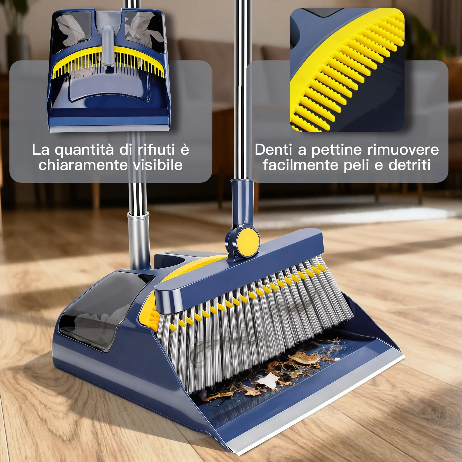 Masthome Verticale Set Scopa e Paletta Salvaspazio Manico Lungo Denti a Pettine Blu Scuro