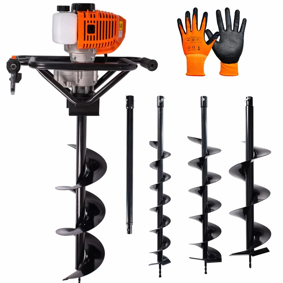 AMC Trivella a scoppio con motore da 52cc 2 tempi con prolunga da 50 cm e 3 punte intercambiabili da 100-150-200mm, mototrivella trivellatrice da giardino e campi, utilizzo professionale e fai da te