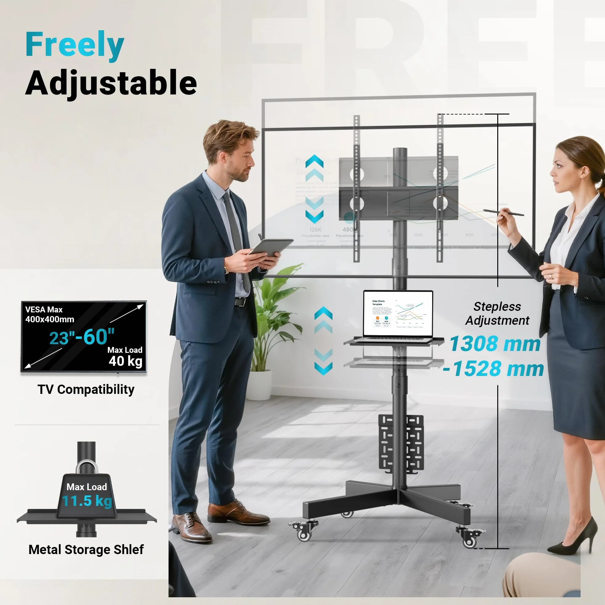 BONTEC Supporto TV da Pavimento per TV LCD/LED 23-60 Pollici, Carrello TV Mobile con Ruote, Altezza Regolabile, 40 kg, VESA 400x400 mm