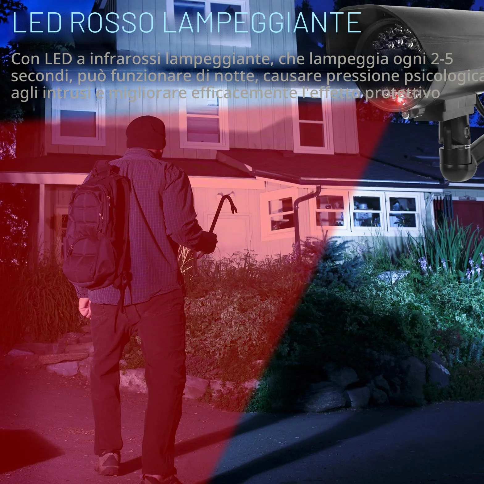 Sporgo Telecamera Finta 3 Pezzi: Sorveglianza Esterna con Luce LED Rossa Lampeggiante, Sicurezza per Interni ed Esterni