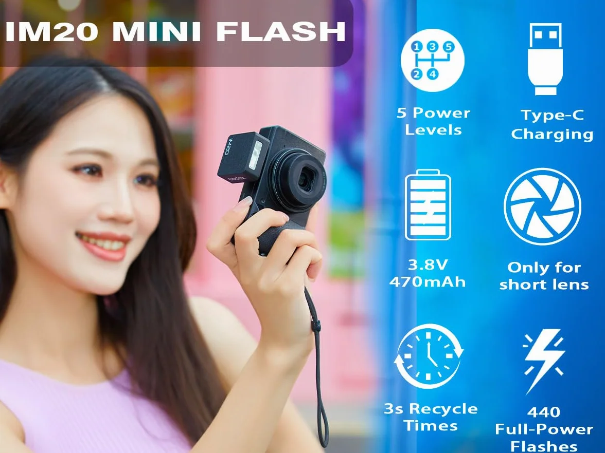 Godox iM20 Mini Flash Manuale per Fotocamera, 5 Livelli di Uscita, 440 Lampi a Piena Potenza, Ricarica USB-C