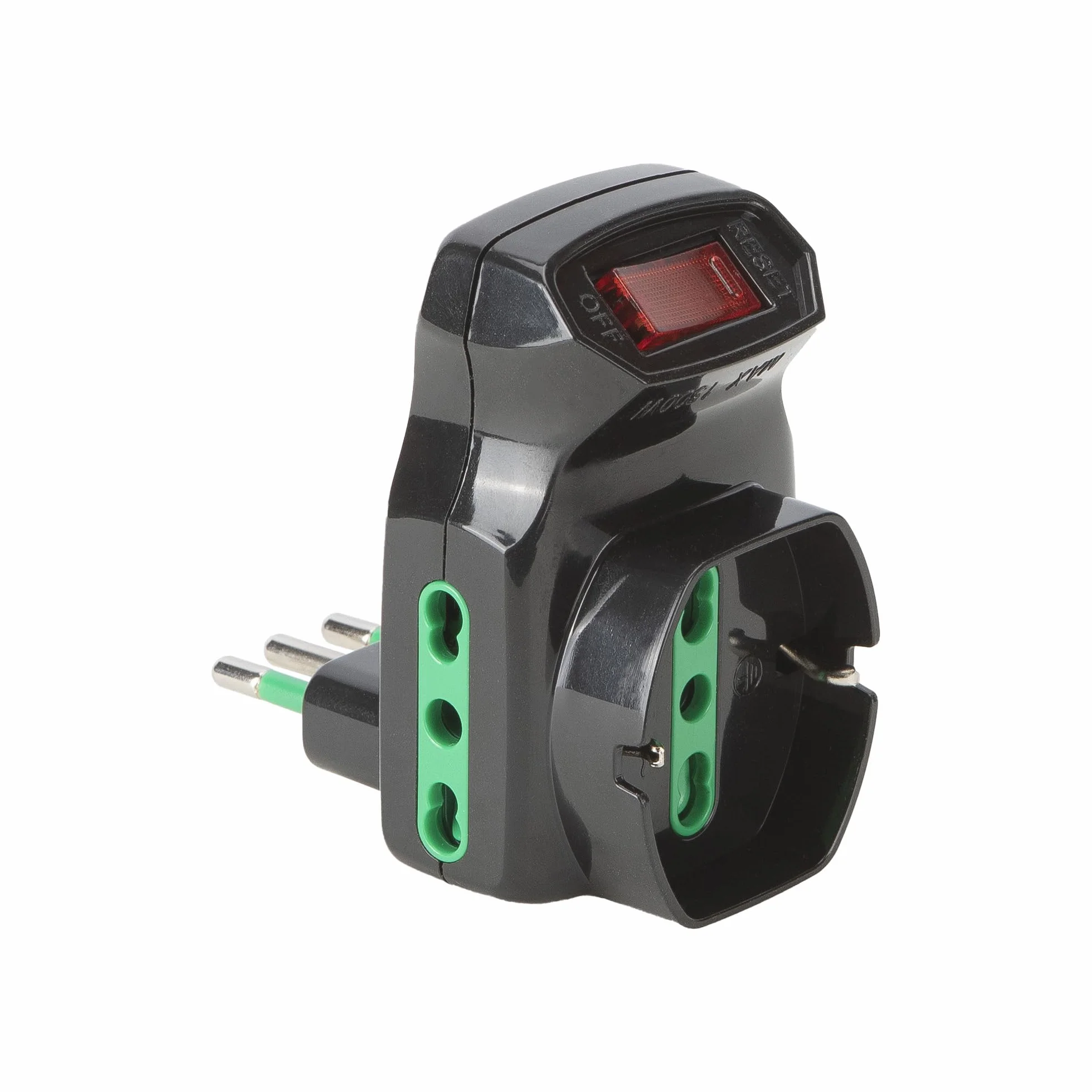 FANTON Adattatore triplo spina piccola 10A 2 prese bipasso 16A 1 presa bipasso italo/tedesca schuko con interruttore protezione sovraccarico NERO