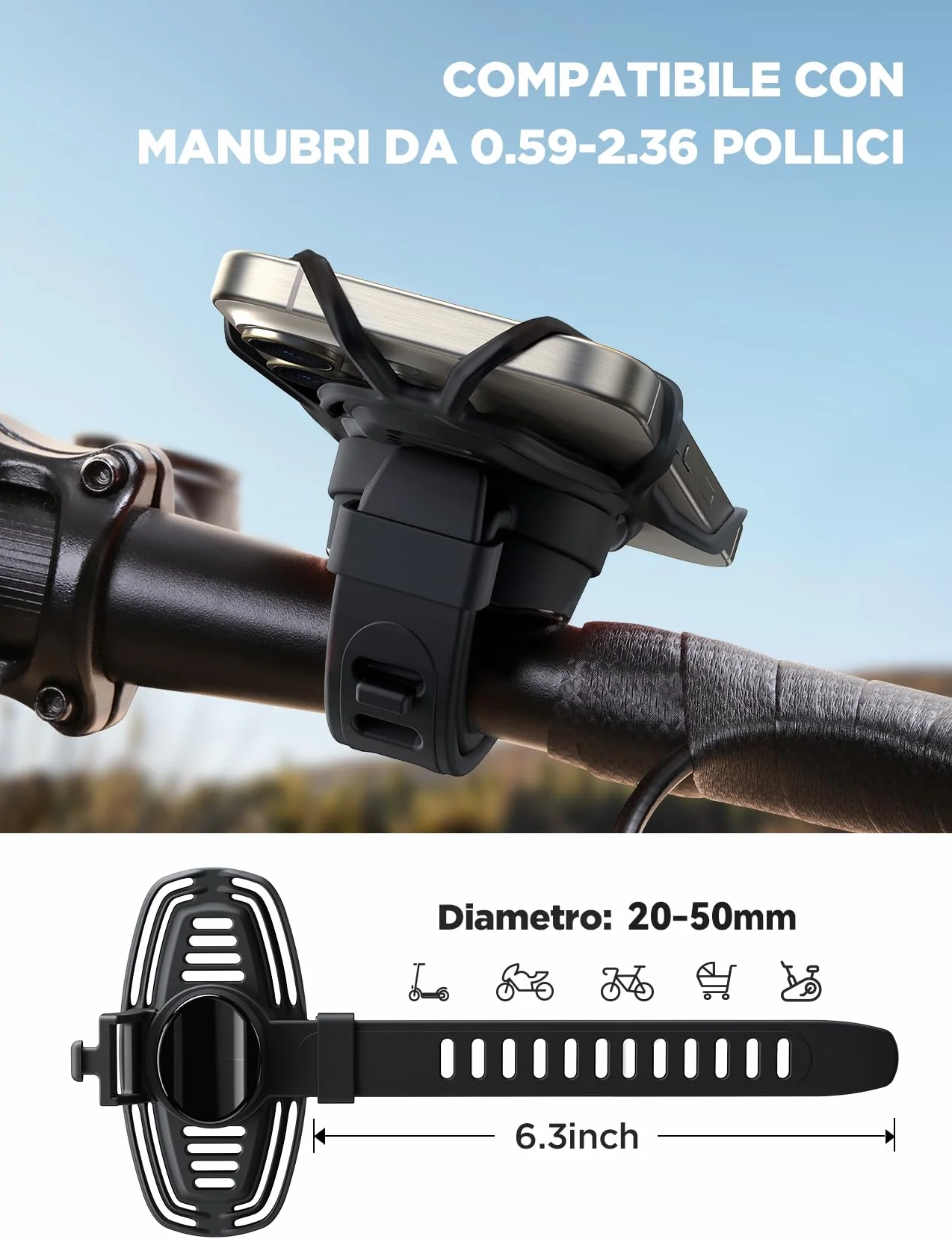 JOYROOM Porta Cellulare Bici con Assorbimento degli Urti in Silicone, Supporto Telefono Moto 360° per iPhone 15 14 13 Samsung 4.0-7.2 Pollici
