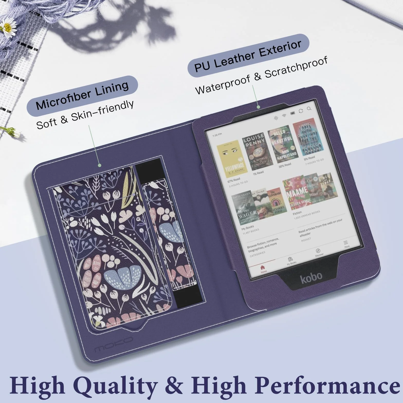 MoKo Case dla Tolino Shine Color/Shine 5(2024)/4(2022) Kobo Clara Colour/BW/2E, PU Cover z Auto-Awakening/Sleep, Slot, Pasek i Podpórka, Nocny Niebieski