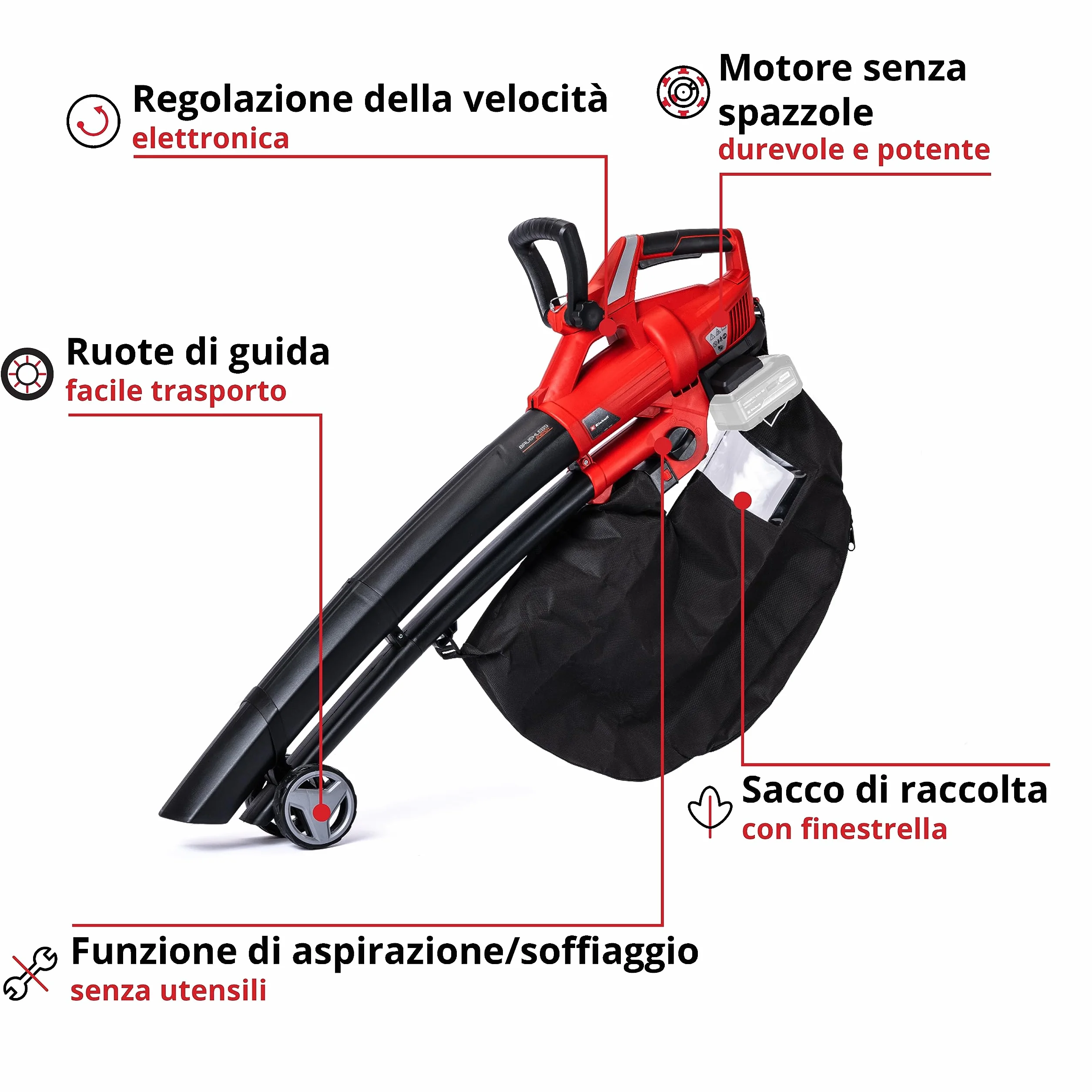 Einhell 3433600 Solo Soffiatore, Aspiratore A Batteria, Rosso/Nero