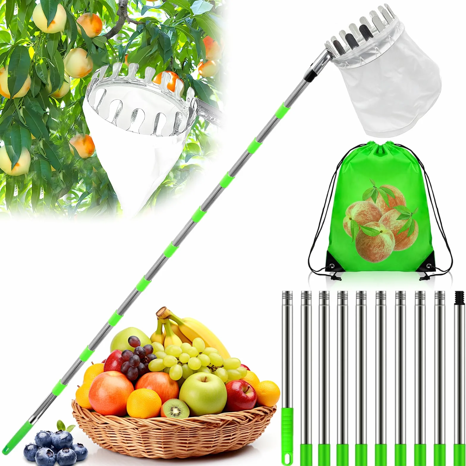 Raccogli Frutta Telescopico, Raccogli Frutta Con Palo in Acciaio Inox Leggero, Raccoglifrutta Regolabile Con Borsa in Cotone, Per Limoni Mele Pere Arance