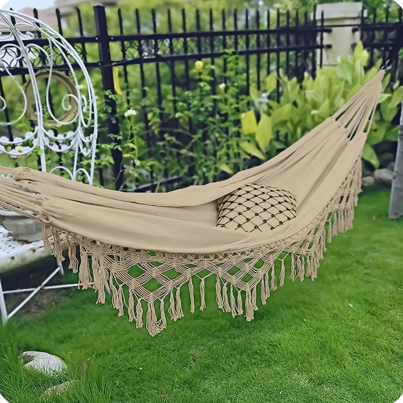 Amaca da esterno in stile bohémien 190 x 150 cm beige 120 kg cotone poliestere con frange sacchetto trasporto