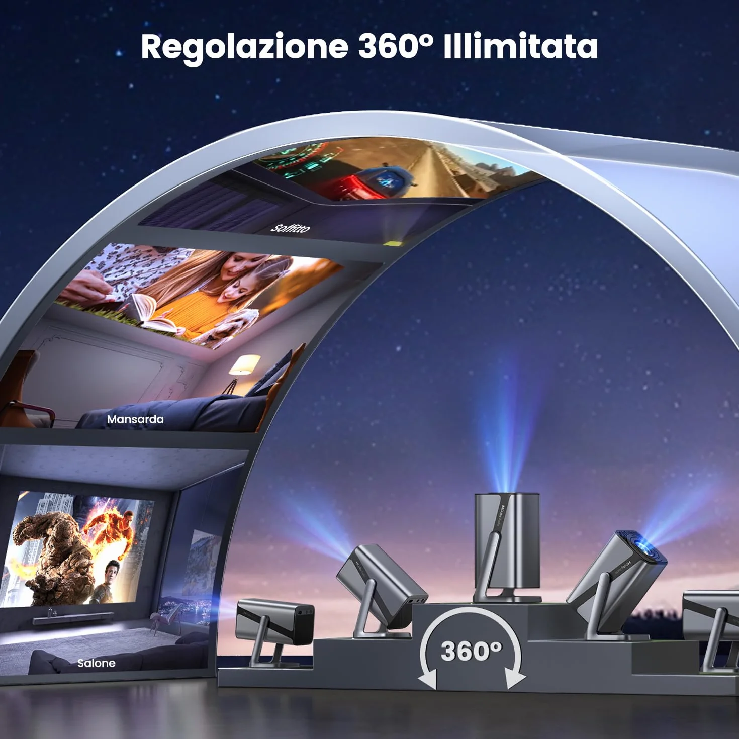 Proiettore 4K Smart TV 800 ANSI Auto Focus WiFi Bluetooth Tiro Corto Dolby Home Cinema