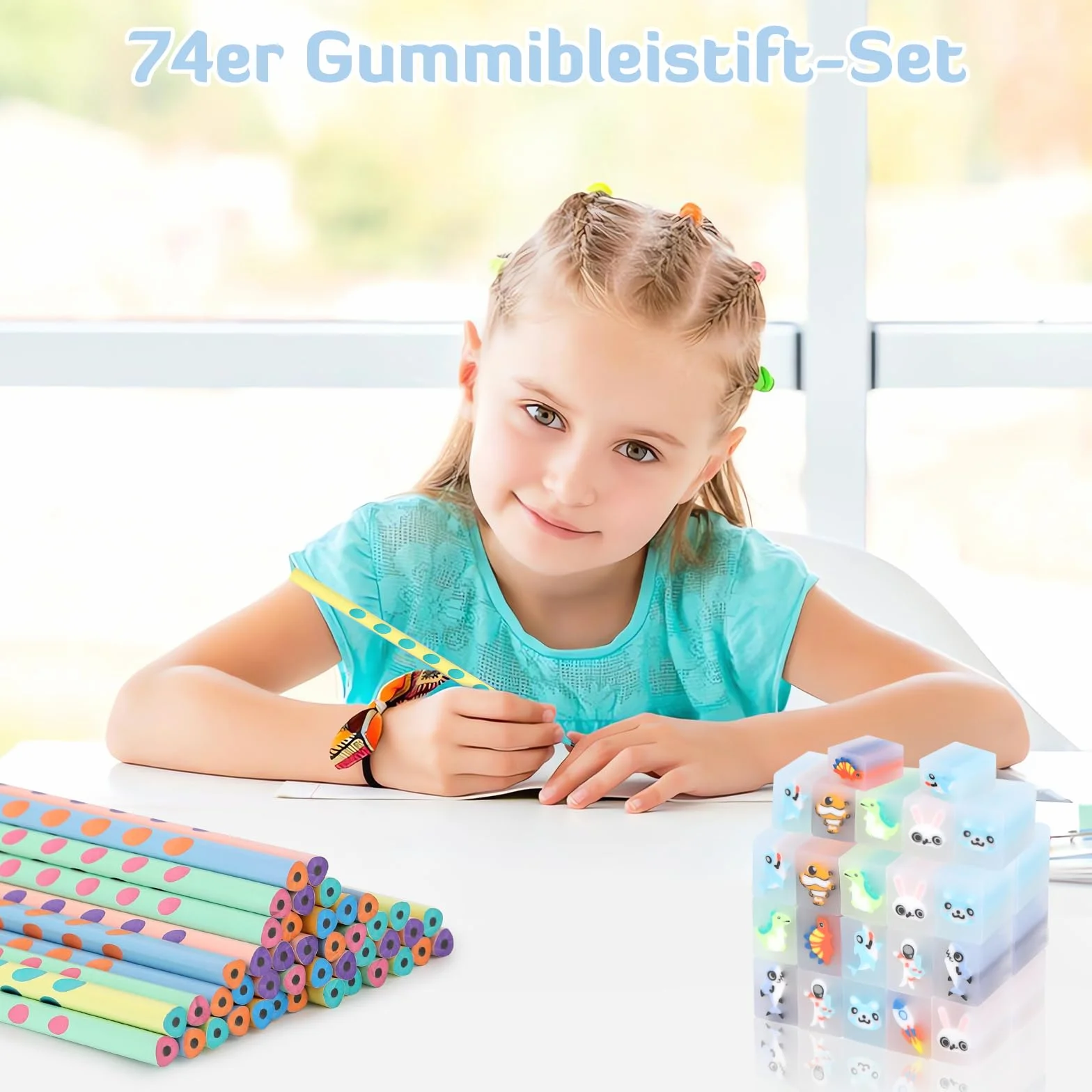 Matite con Gomma Bambini 74Pcs, 37 Gomme Cancellare & 37 Matite per Festa Compleanno