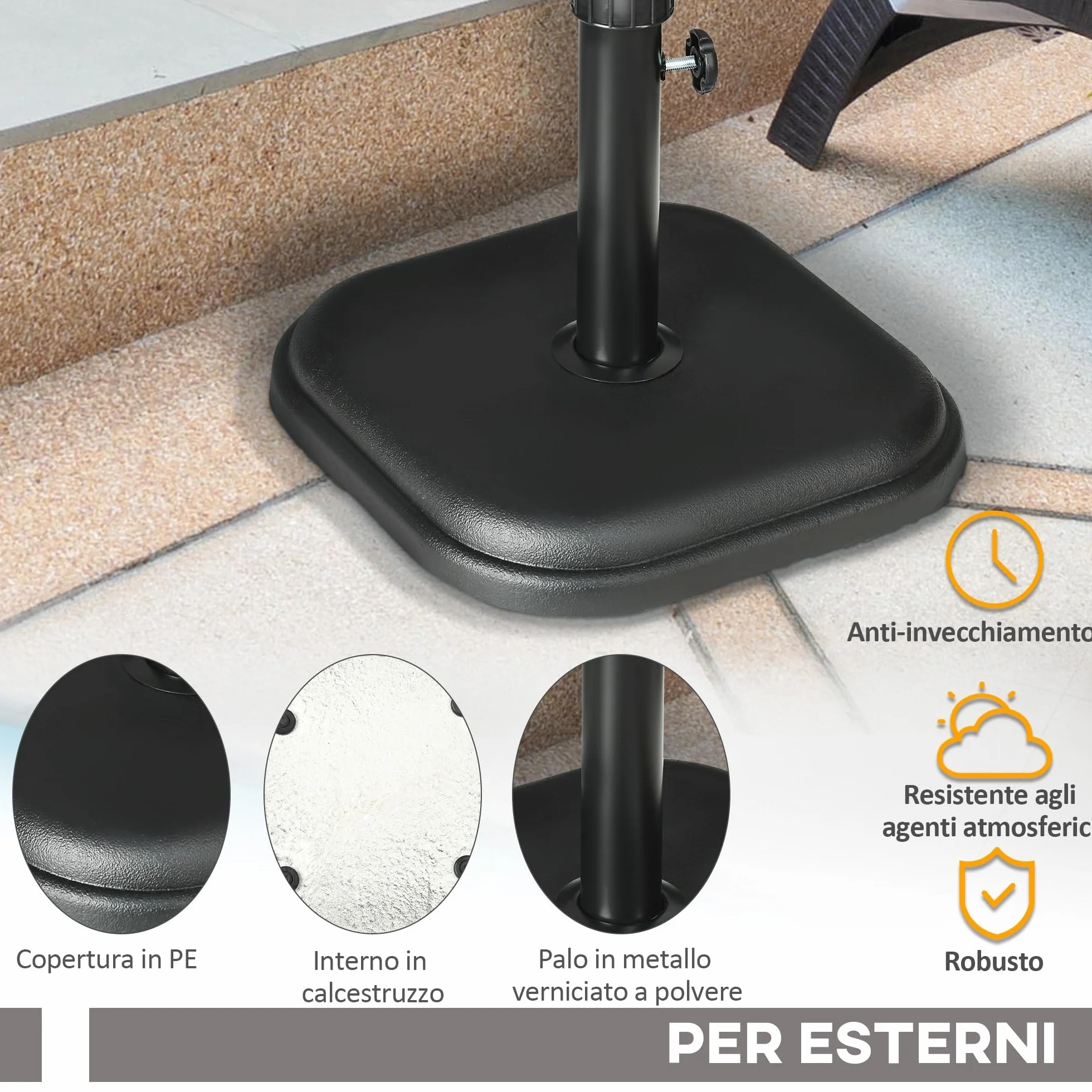 Outsunny Base per Ombrellone da Giardino in Plastica e Cemento da 11kg, Basamento per Ombrellone con Palo da 32-38mm, 36x36x31cm, Nero