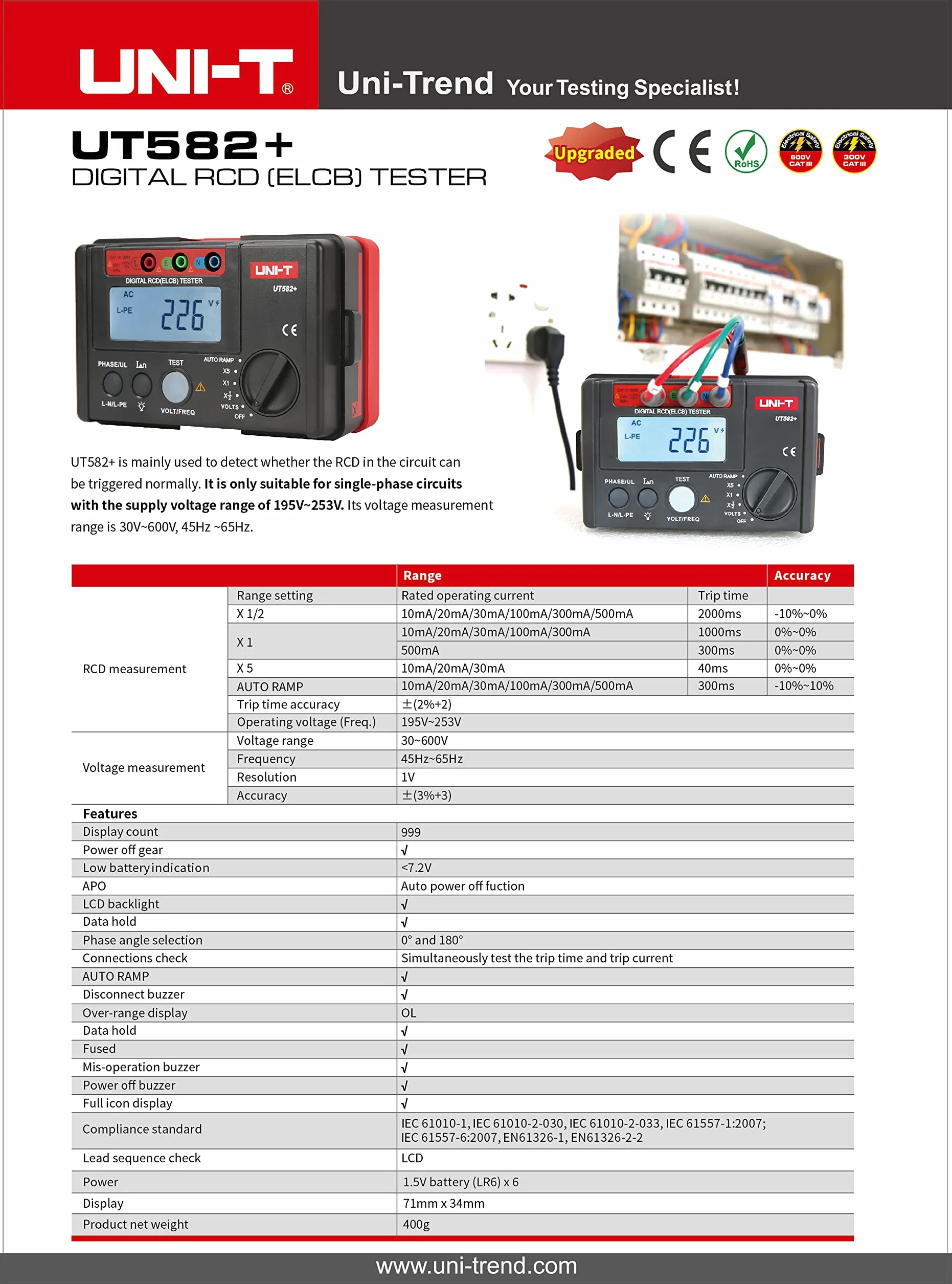 UNI-T UT582+ Digital RCD Tester AUTO RAMP Leakage Circuit Breaker Meter