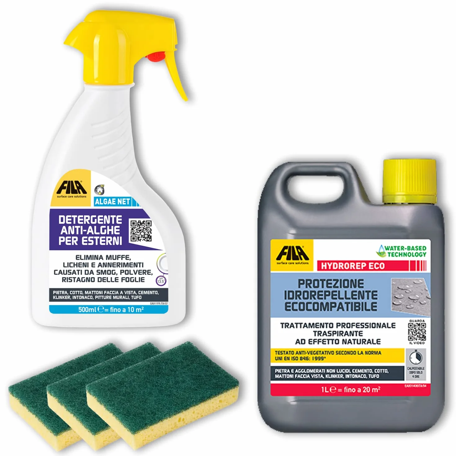 MASTERBRICO Kit Pulizia con Algaenet 500ml + Hydrorep Eco 1L + Spugne – Detergente Anti Alghe + Protezione Idrorepellente Ecocompatibile Per Rimuovere Muschi da Cemento, Fughe, Mattoni, Klinker, Tufo