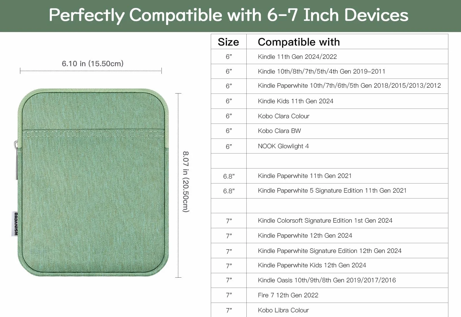 Dadanism 6-7 Cal Custodia Protettiva Sacchetto per Kindle Paperwhite 7", Kindle Colorsoft Signature Edition, Kindle 11ª Gen 6", Kobo Clara BW 6", Kindle Oasis, Verde Matcha