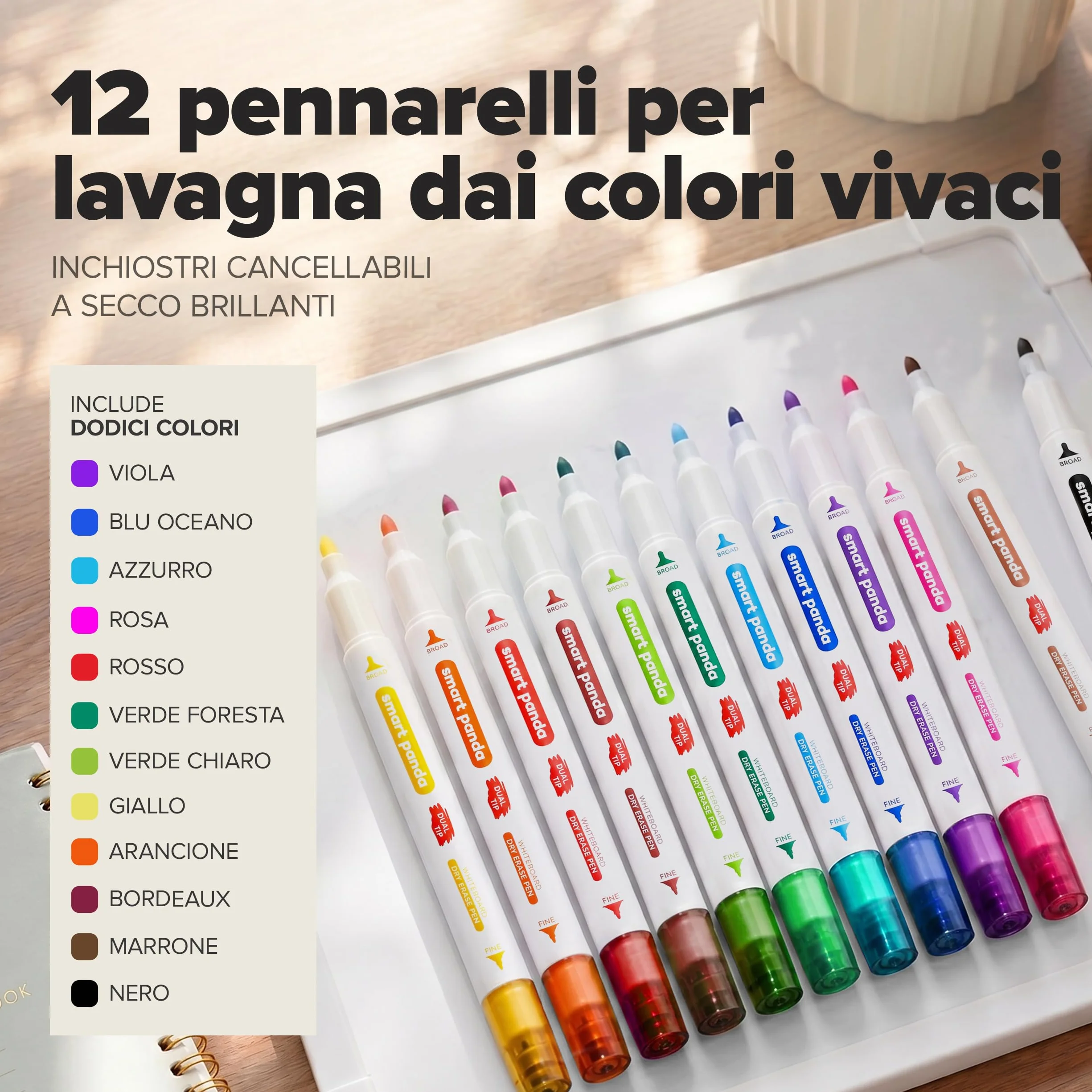 Smart Panda Pennarelli Lavagna Bianca Doppia Punta Cancellabili 12 Colori