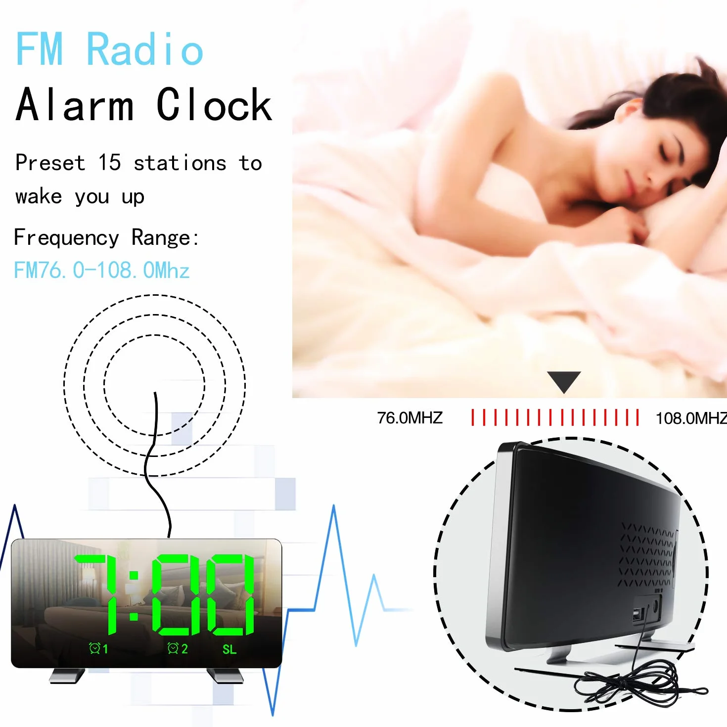 Radiosveglia Digitale Sveglia FM Display LED 3 Livelli di Luminosità Auto Dimmer Volume Regolabile