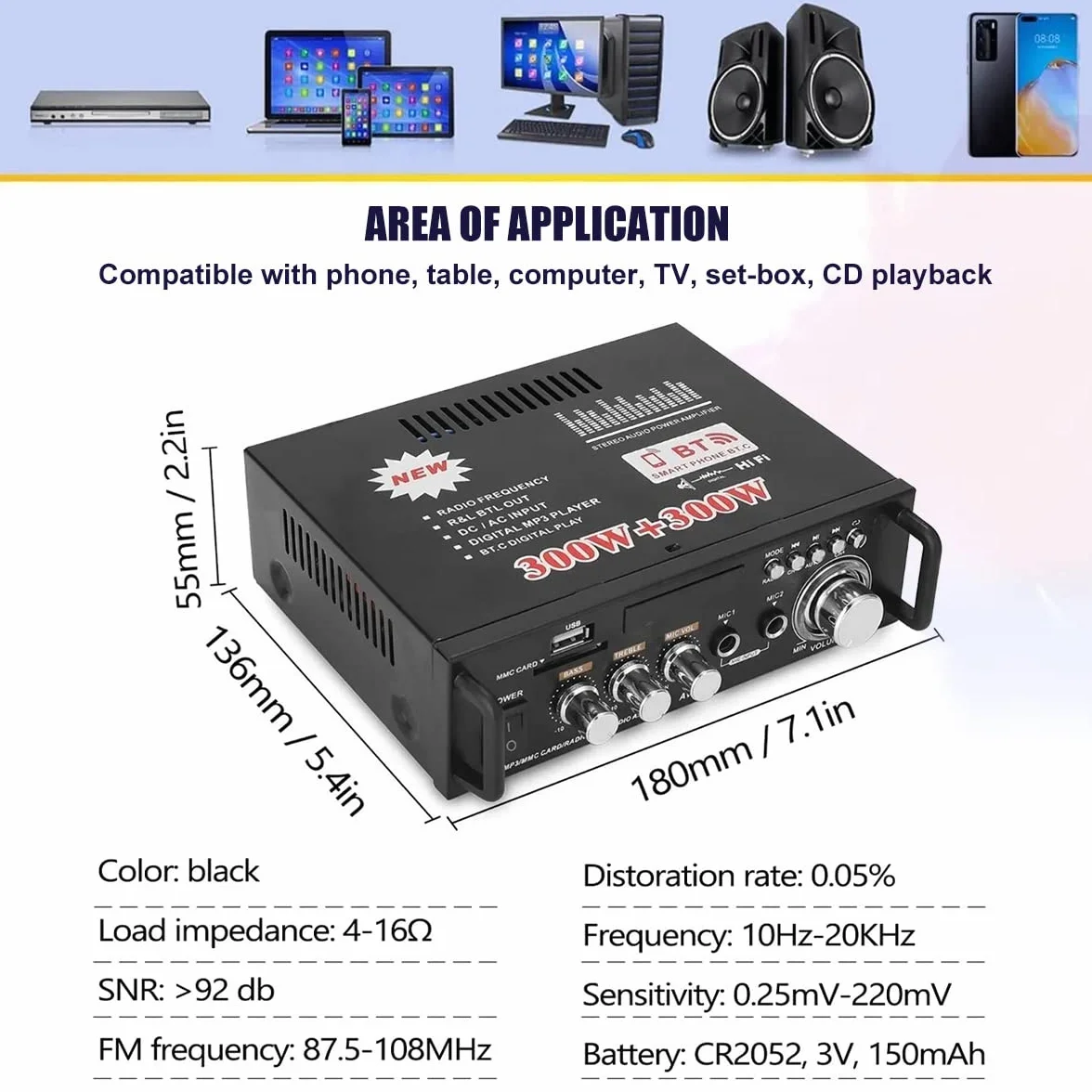 Amplificatore Audio HiFi 600W Stereo Bluetooth 5.0 12V 220V 2 Canali Display LCD Radio FM Portatile