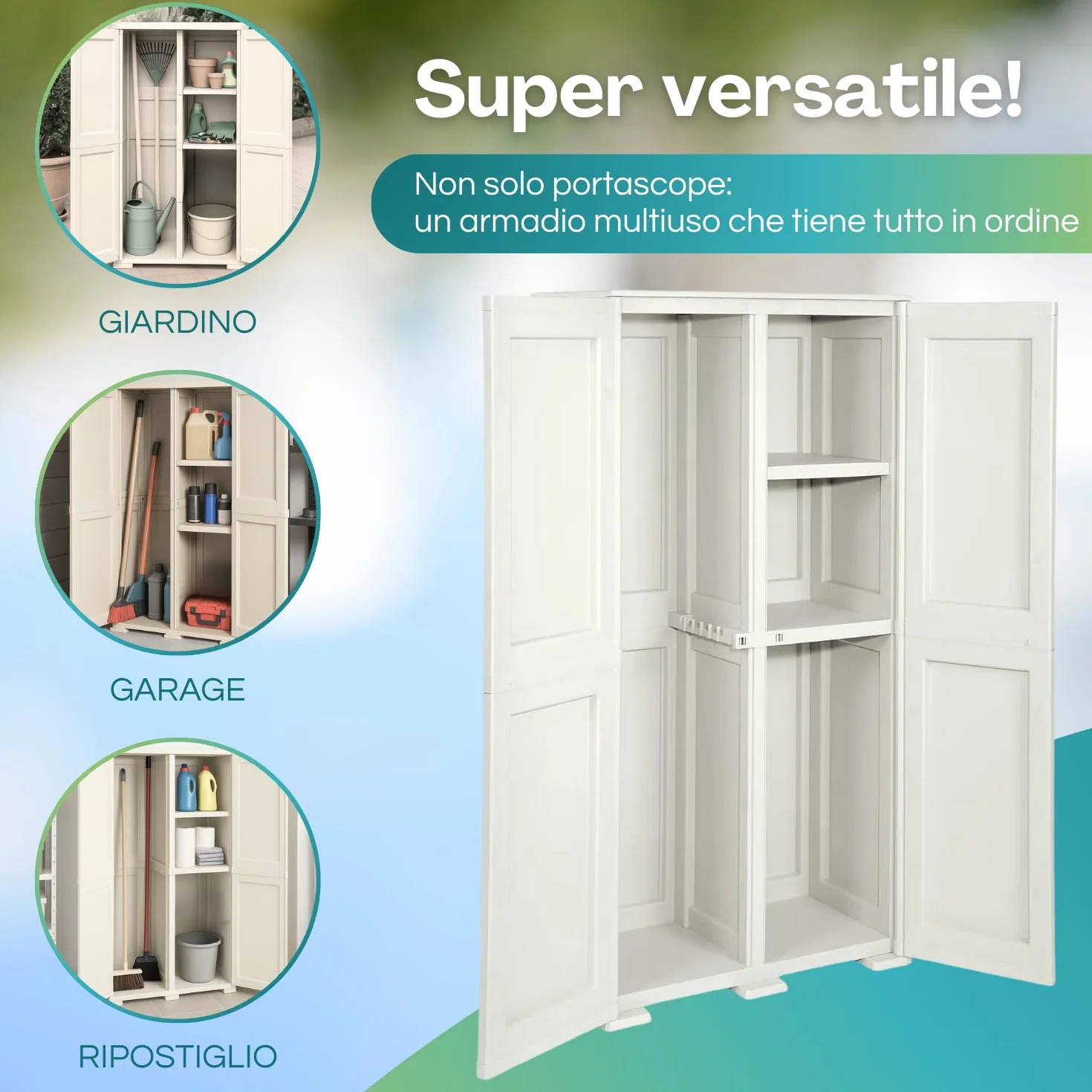 PALUPLUS Portascope Ante Lisce in Plastica, Armadio Multiuso 79x43x164 cm, 3 scomparti, Made in Italy Panna