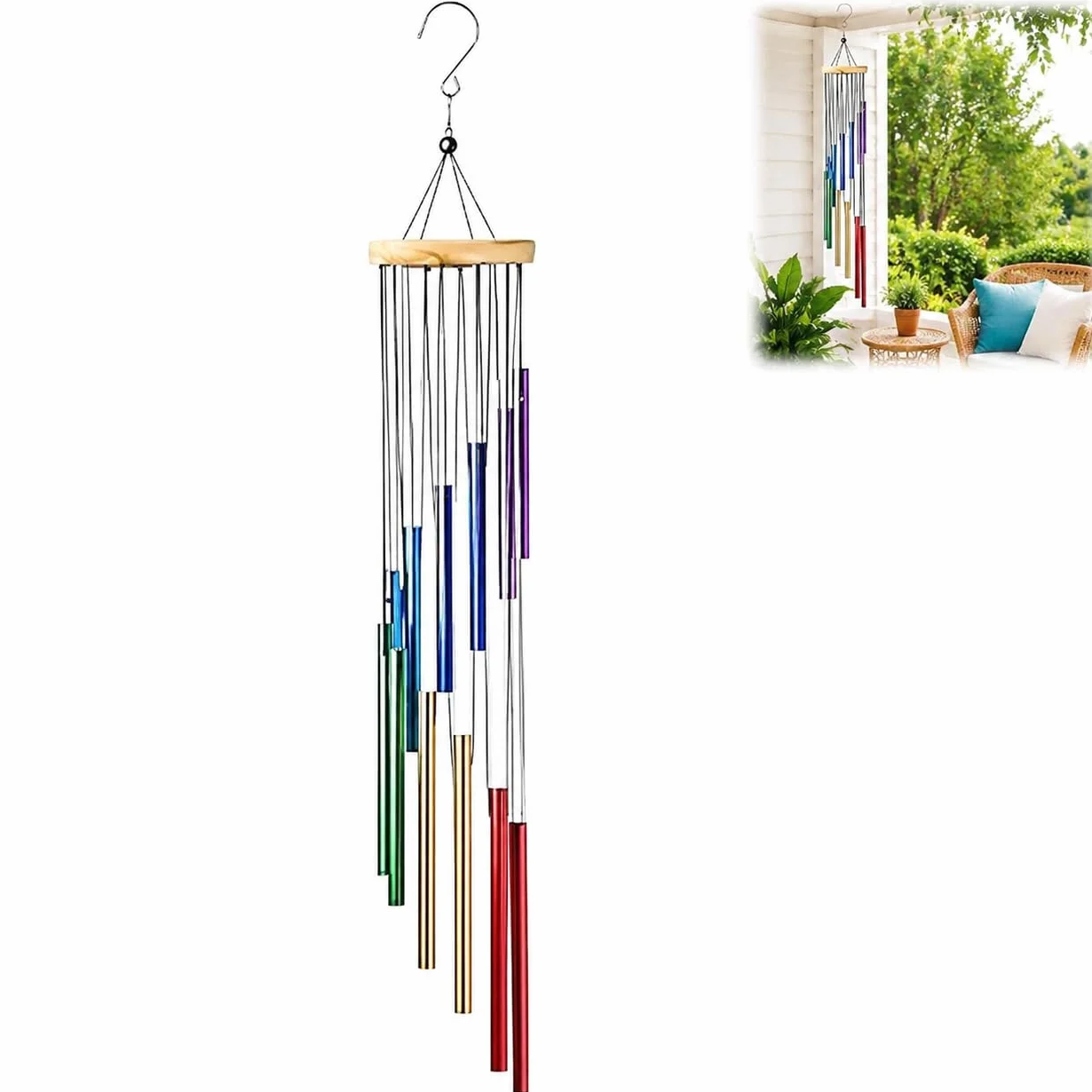 Scacciapensieri da Esterno, 21 Pollici, 12 Tubetti in Alluminio, Suono Dolce e Rilassante, Realizzato in Legno Naturale, Perfetto per Giardini, Terrazzi e Balconi