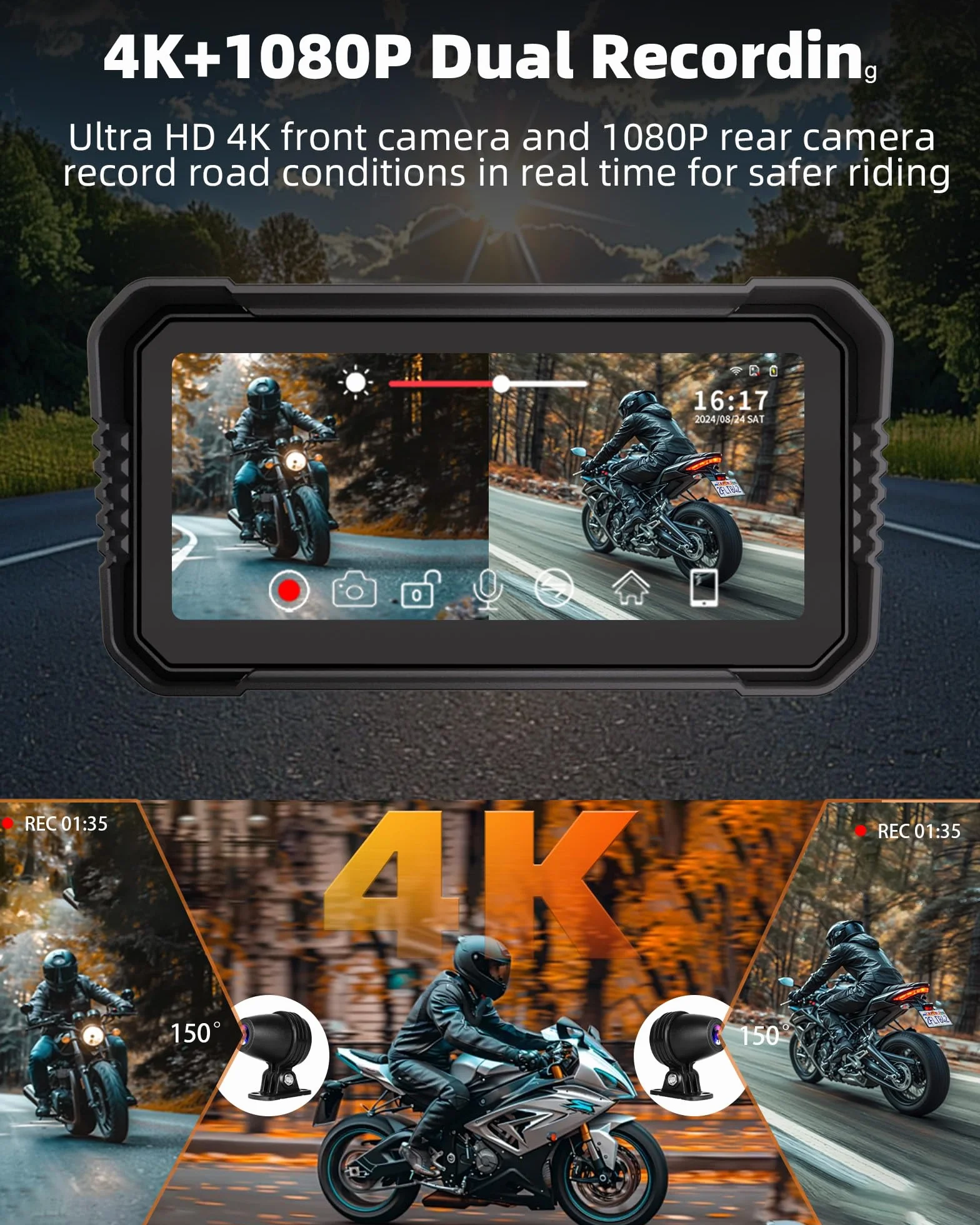 Motorcycle Carplay Android Auto 4K Dashcam 6.25" Double Camera Bluetooth IP67 GPS Navigation 64GB