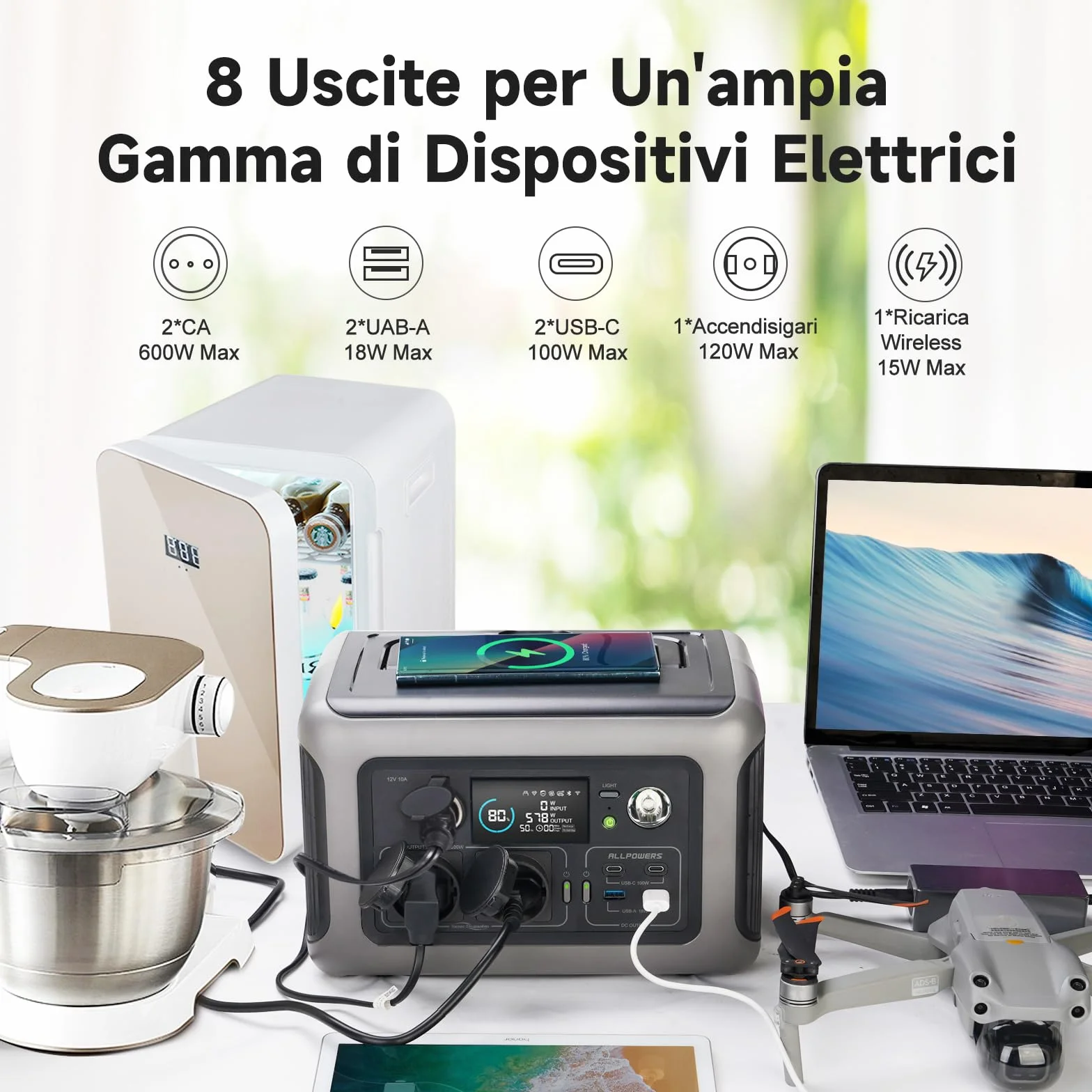 Centrale Elettrica Portatile ALLPOWERS R600, 299Wh 600W Generatore Solare, Batteria LiFePO4 Power Station Portatile, 1200W Picco Uscita CA, 0-100% in 1 Ora, UPS, Generatore di Corrente per Campeggio