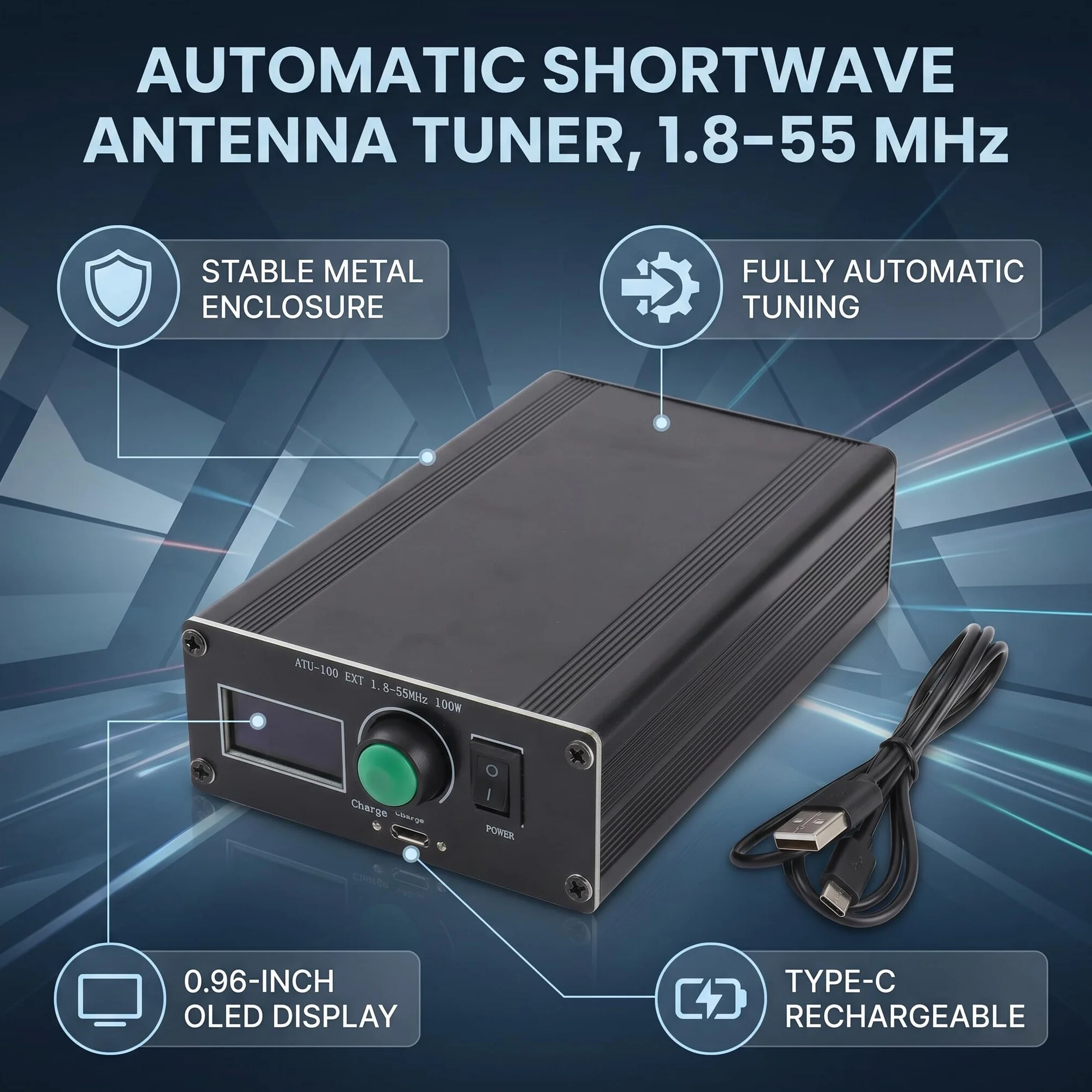 Mini Sintonizzatore Automatico per Antenna ATU-100 LCD 0,96 con Alloggiamento per Utensili Elettrici