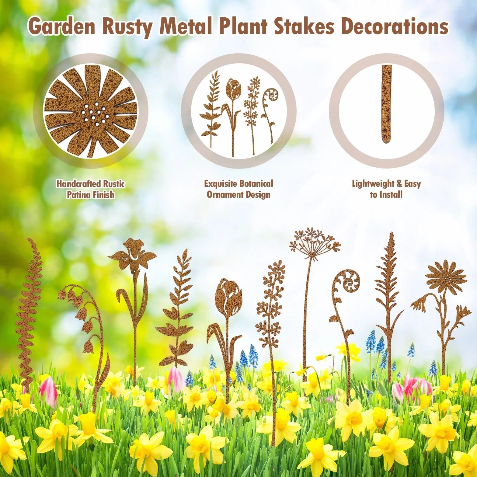 Set di 10 decorazioni da giardino in metallo per piante, decorazione da giardino, decorazione in ruggine, per prati, cortili, balconi