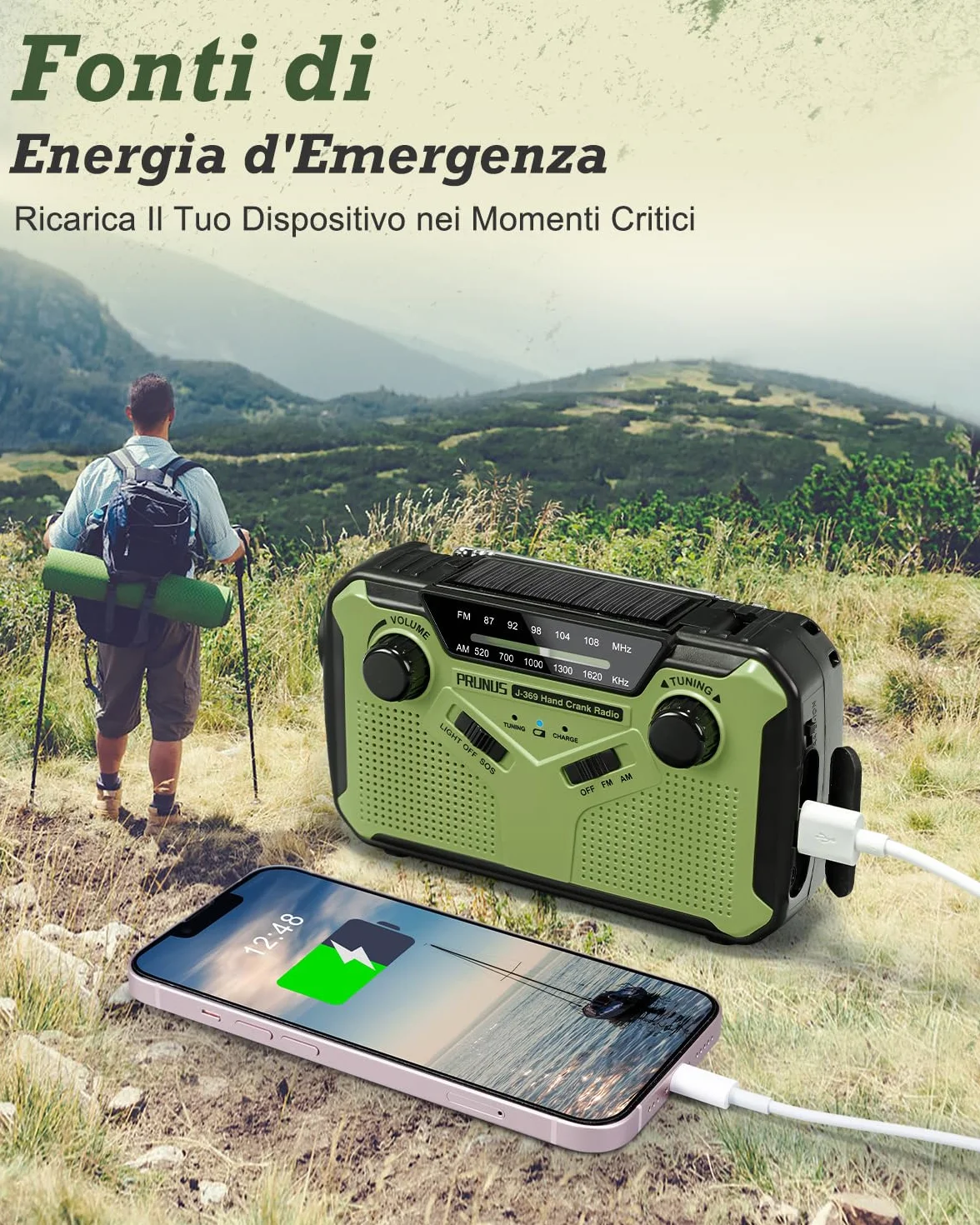 PRUNUS J-369 Radio Portatile Emergenza FM/AM, Radiolina a Manovella Dinamo, Solare con Batteria 3000 mAh, Allarme SOS, Torcia, Verde