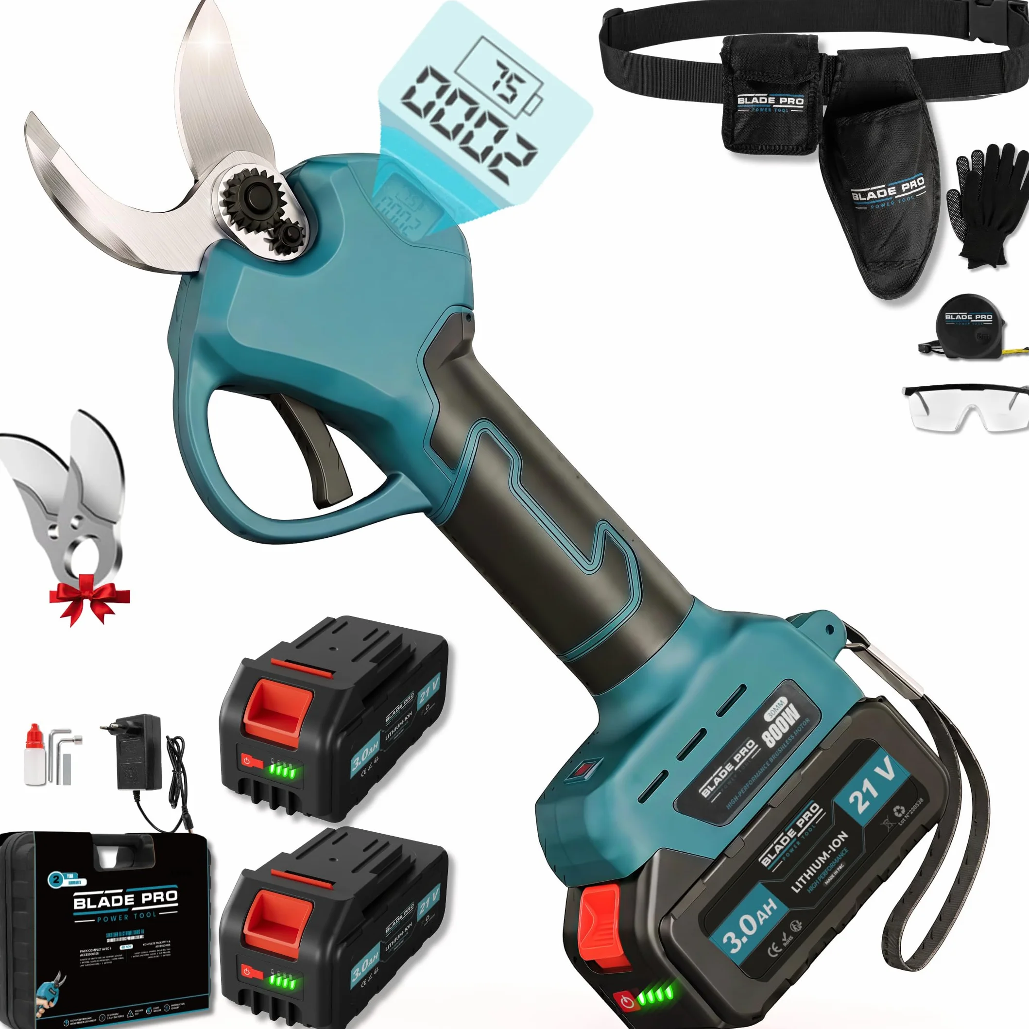 Forbici Potatura a Batteria 6000mAh Brushless fino a 40mm — Cesoie a Batteria Professionali — 2 Batterie 21V — Lama SK5 — Kit Completo 10 Pezzi BLADEPRO