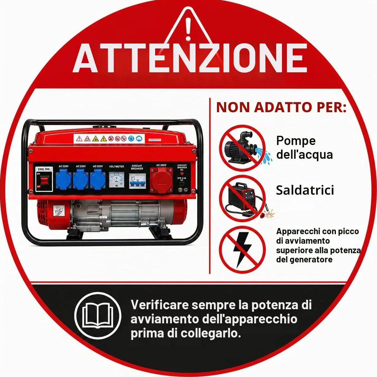 SVE Generatore elettrico a benzina 15 l, 5500 W, 230/380 V, 4 prese (2500 W, trifase, 3000 W, monofase), motore a 4 tempi